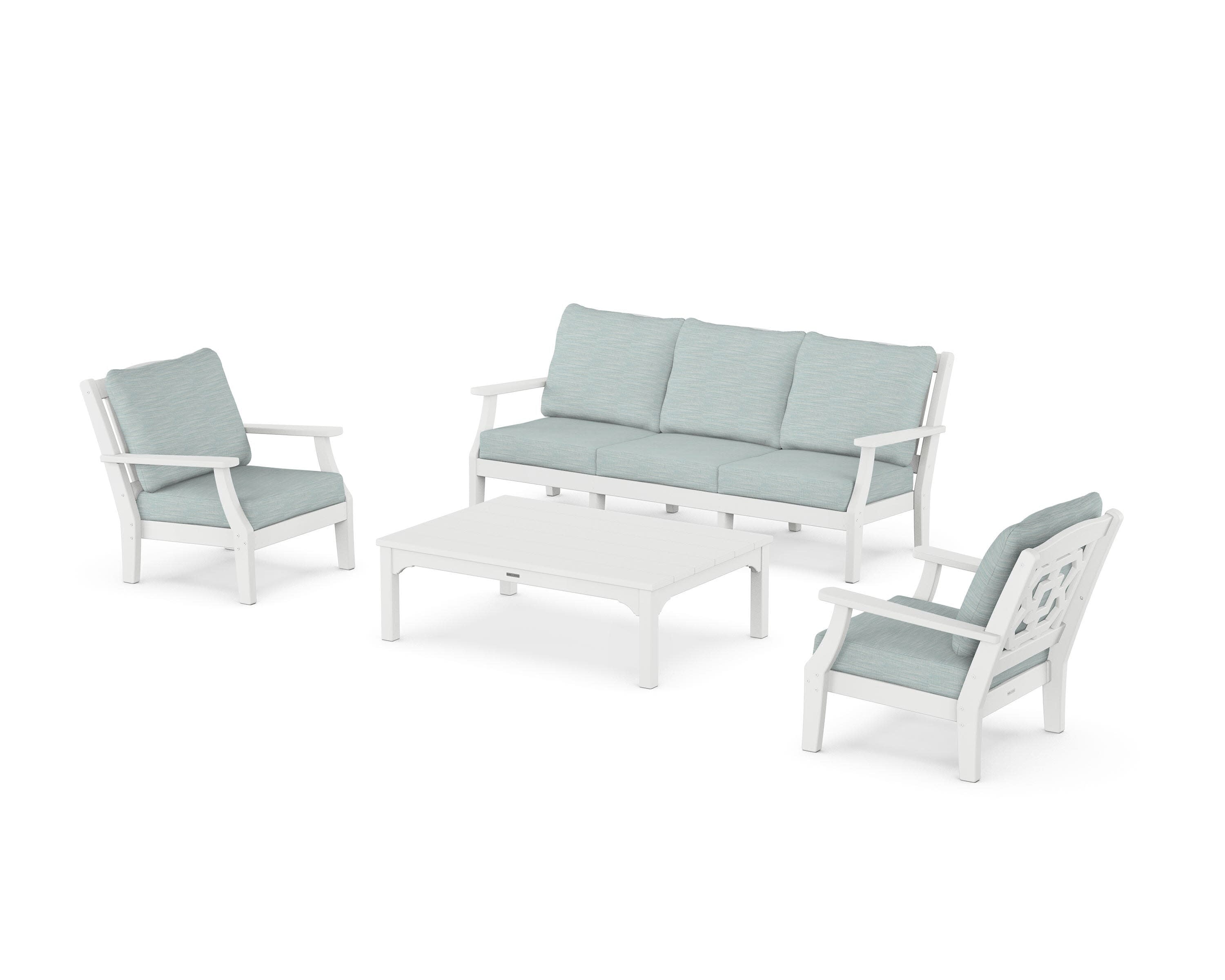 Chinoiserie 4-Piece Deep Seating Set with Sofa in White / Soothe Mist