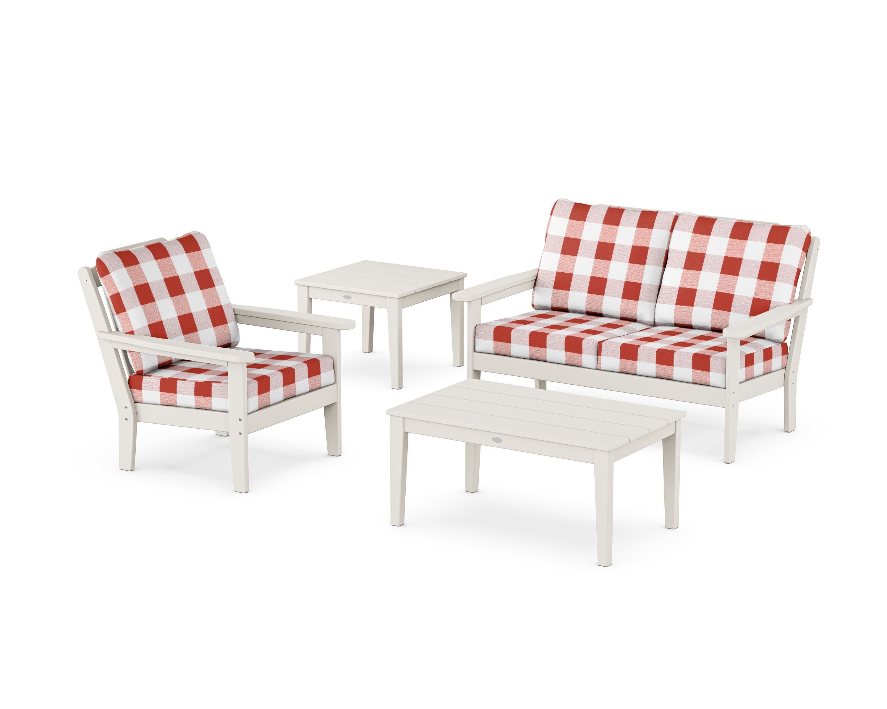 Wovendale 4-Piece Deep Seating Set in Sand / Buffalo Plaid Crimson