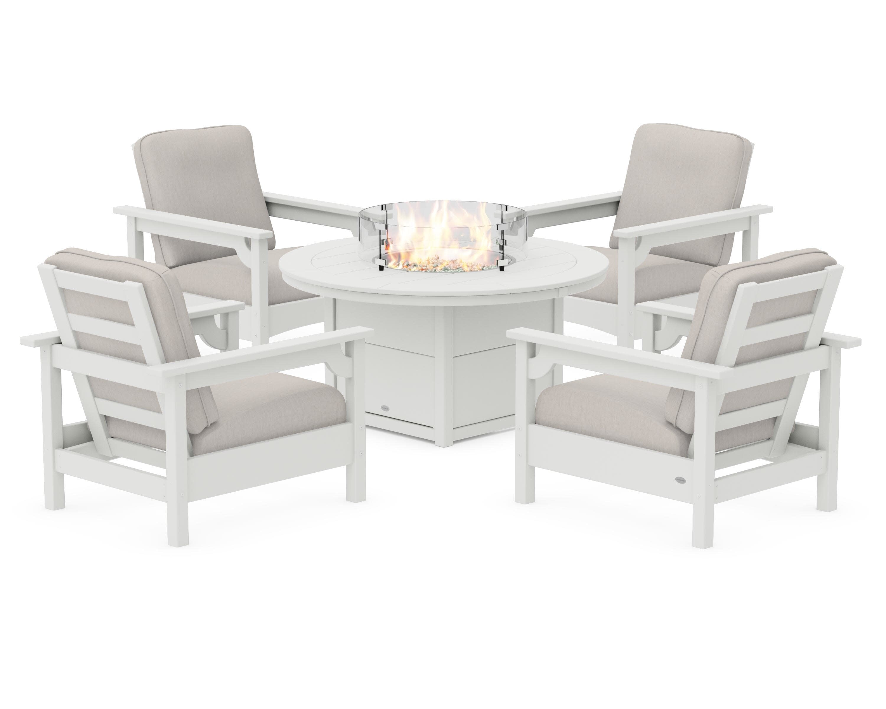 Club 5-Piece Conversation Set with Fire Pit Table in Vintage White / Cast Ash