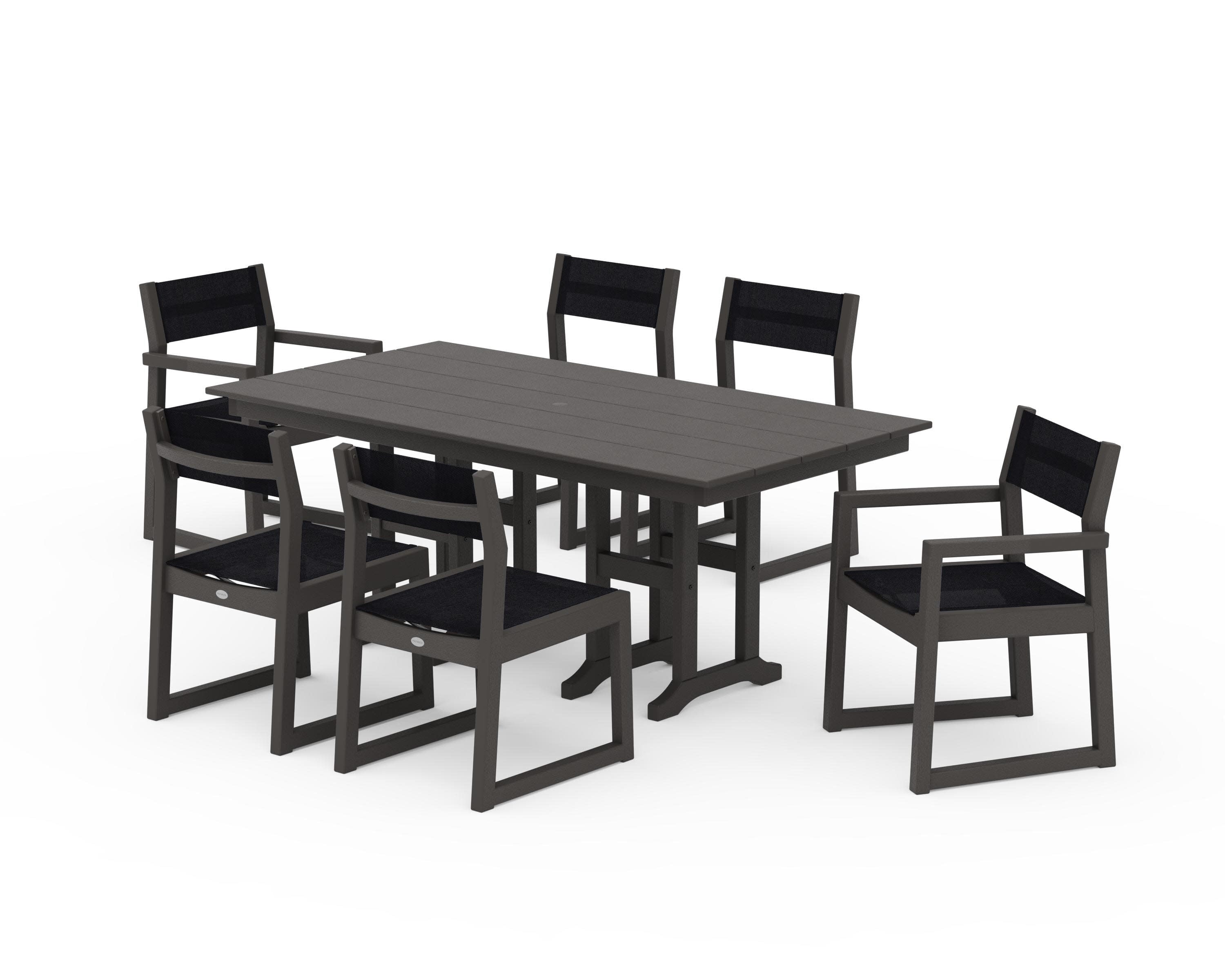 EDGE Sling 7-Piece Farmhouse Dining Set in Vintage Coffee / Black Sling