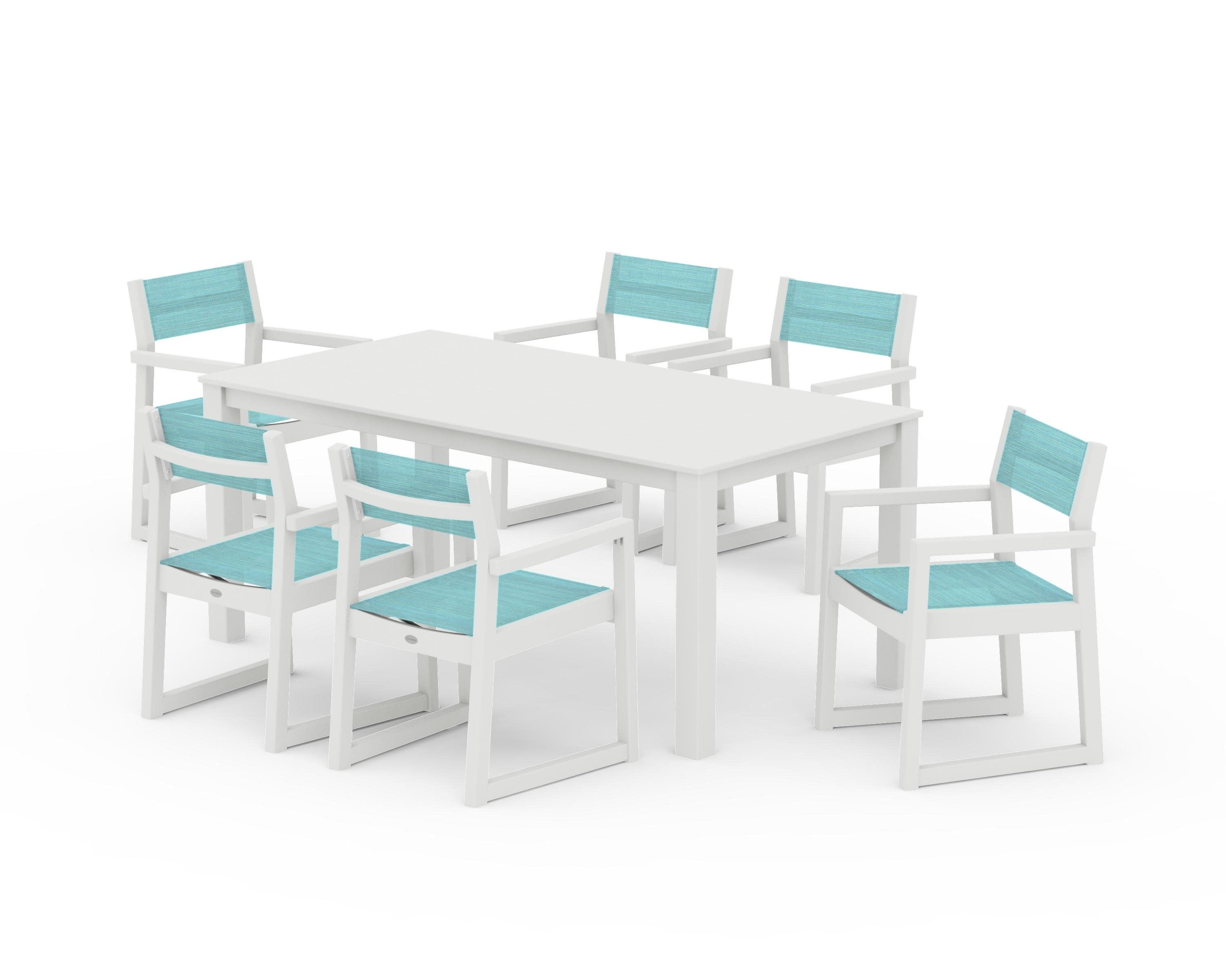 EDGE Sling Arm Chair 7-Piece Parsons Dining Set in Vintage White / Dupioni Aquamarine Sling