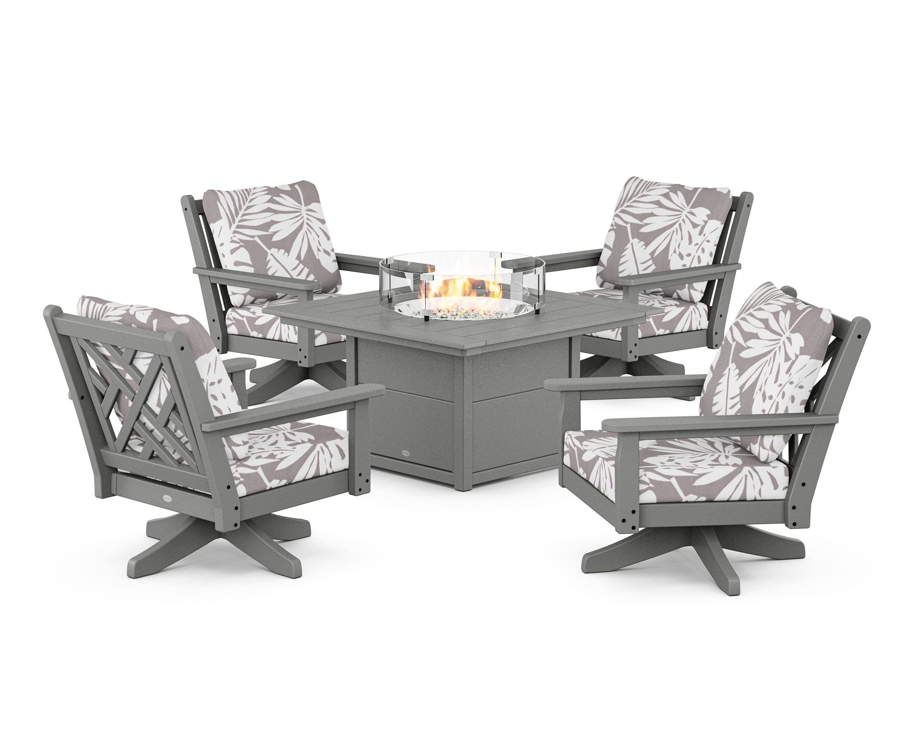 Chippendale 5-Piece Deep Seating Swivel Conversation Set with Fire Pit Table in Slate Grey / Leaf Grey Mist