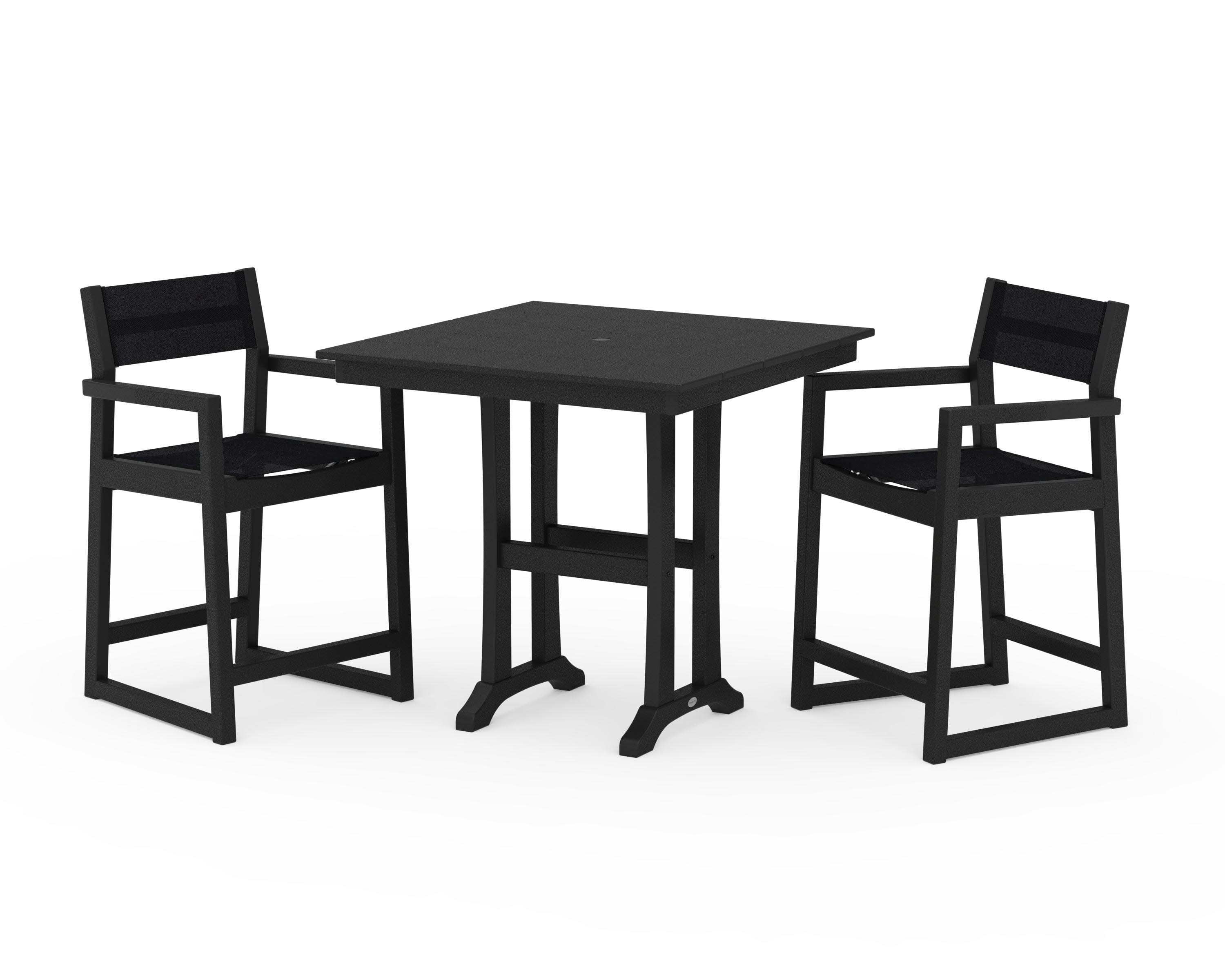 EDGE Sling Arm Chair 3-Piece Farmhouse Counter Set with Trestle Legs in Black / Black Sling