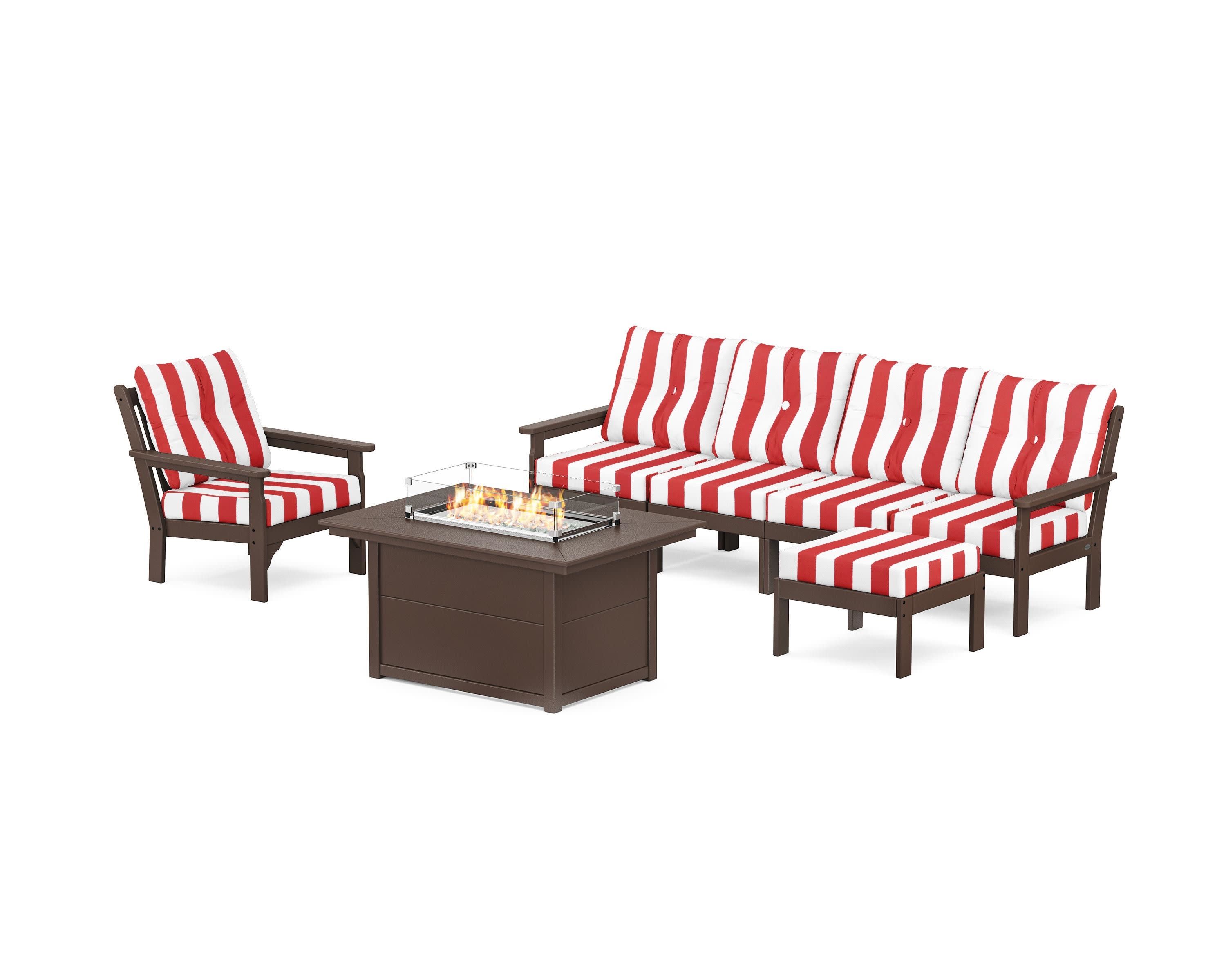 Vineyard Sectional Lounge and Fire Pit Set in Mahogany / Cabana Stripe Crimson
