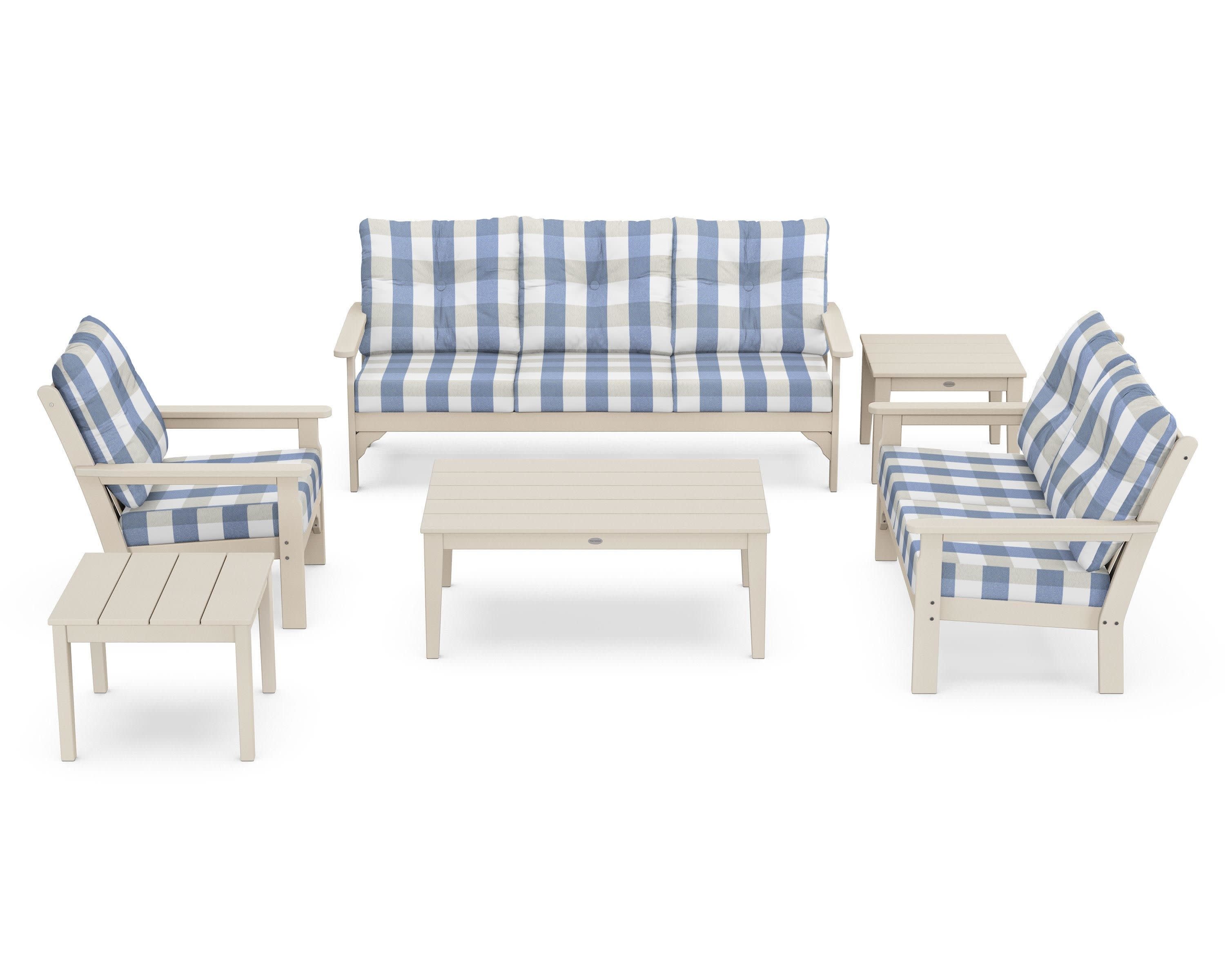 Vineyard 6-Piece Deep Seating Set in Sand / Buffalo Plaid Sky Blue