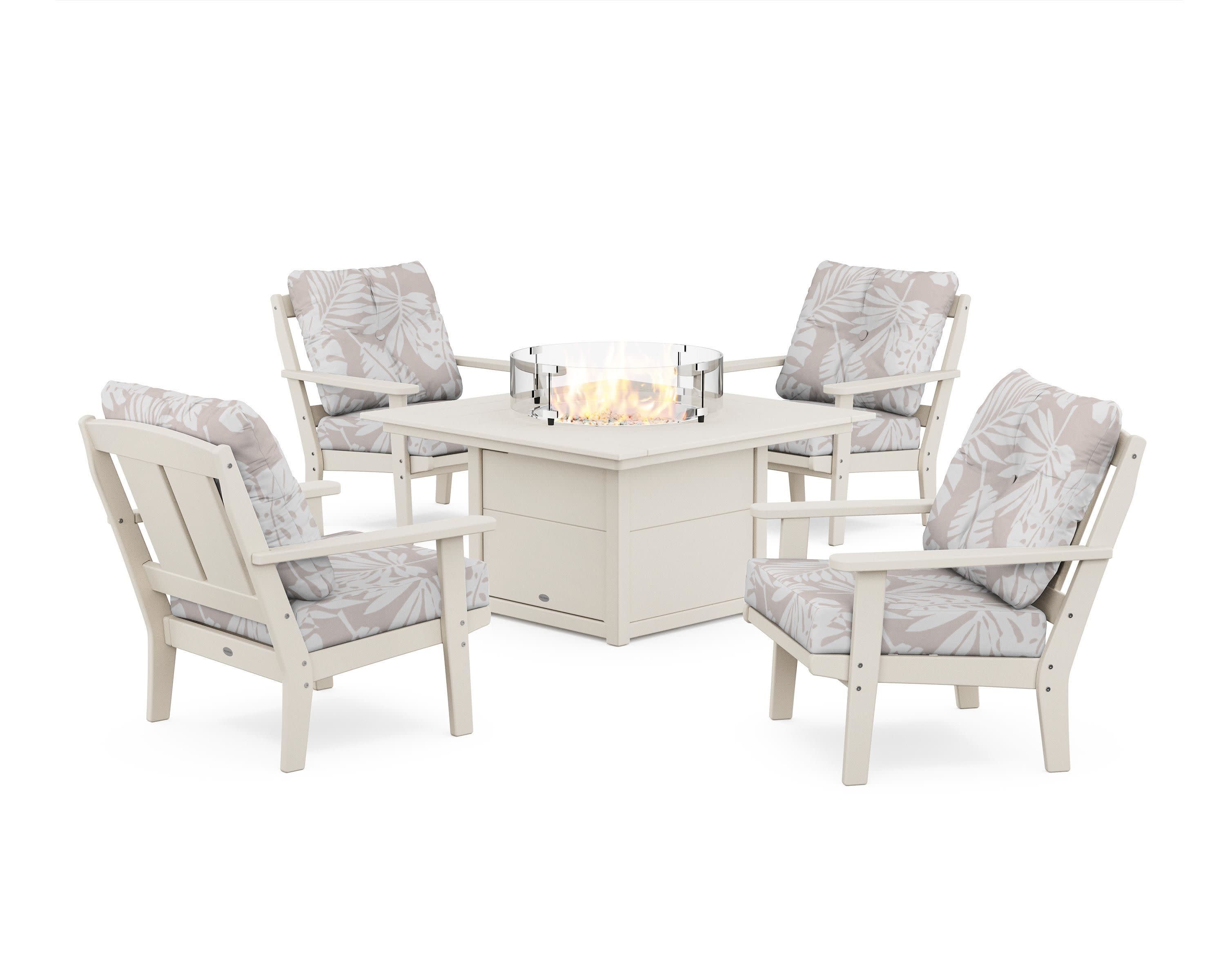 Mission 5-Piece Deep Seating Set with Fire Pit Table in Sand / Leaf Dune Burlap