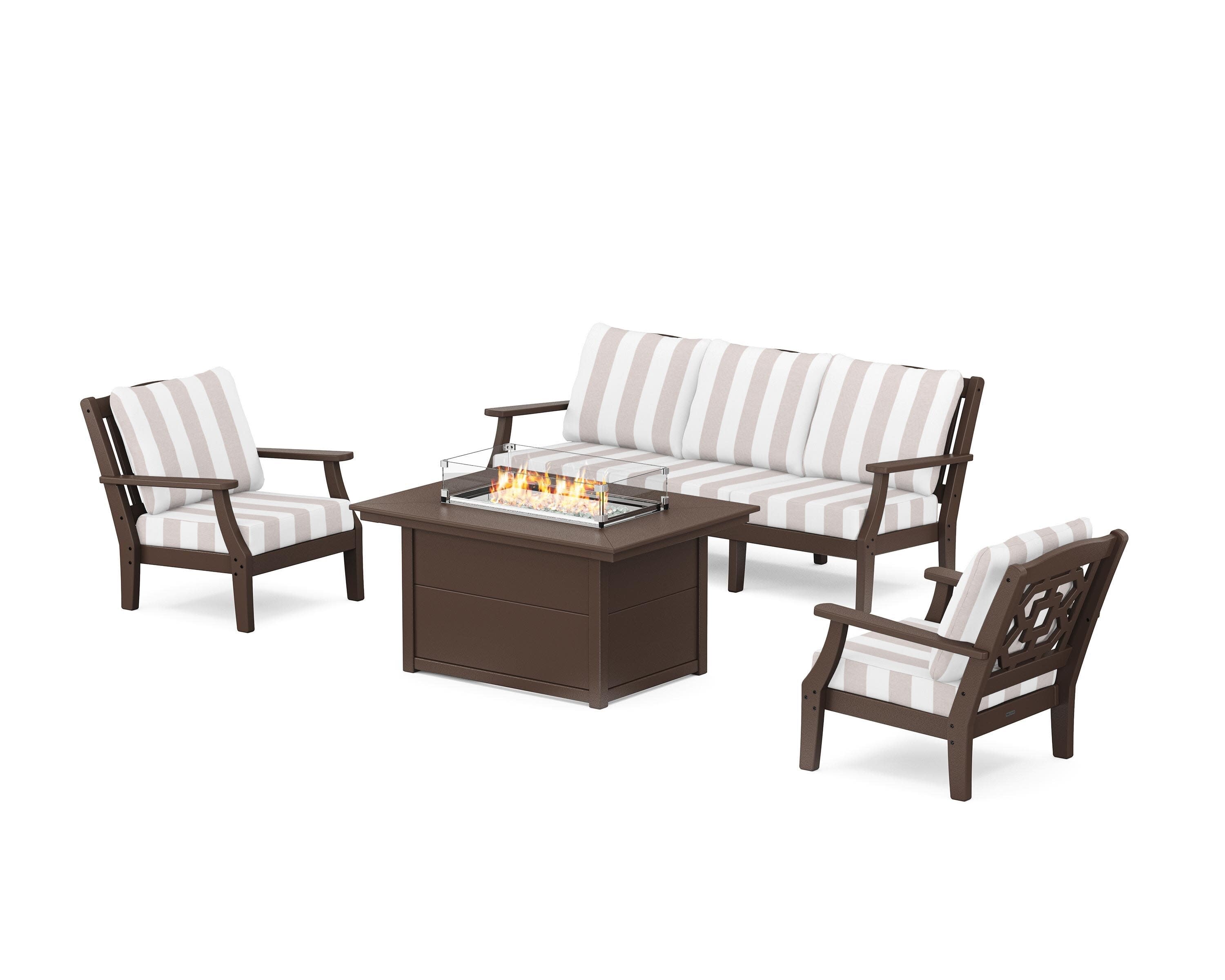 Chinoiserie Deep Seating Fire Pit Table Set in Mahogany / Cabana Stripe Dune Burlap