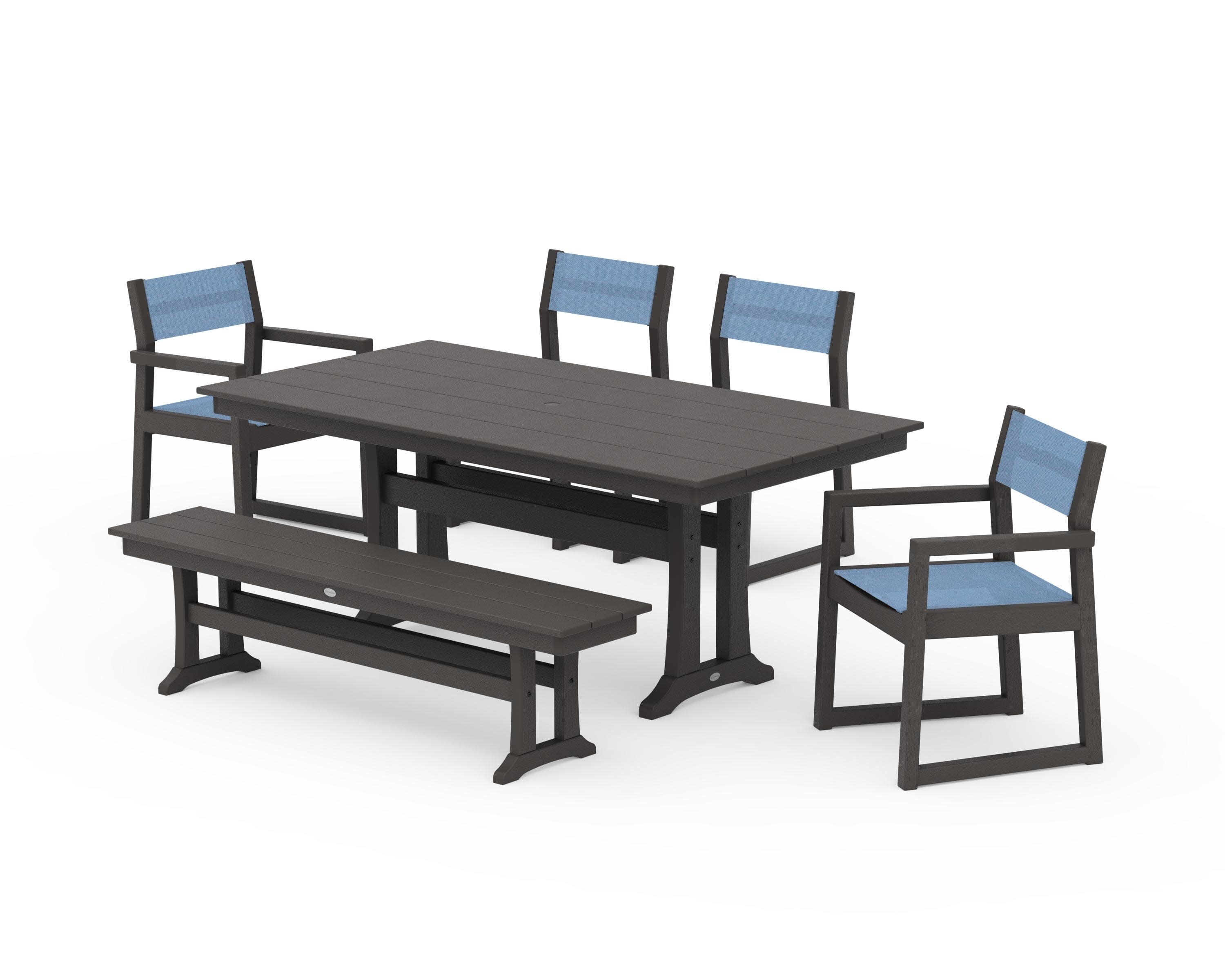 EDGE Sling 6-Piece Farmhouse Dining Set With Trestle Legs in Vintage Coffee / Poolside Sling