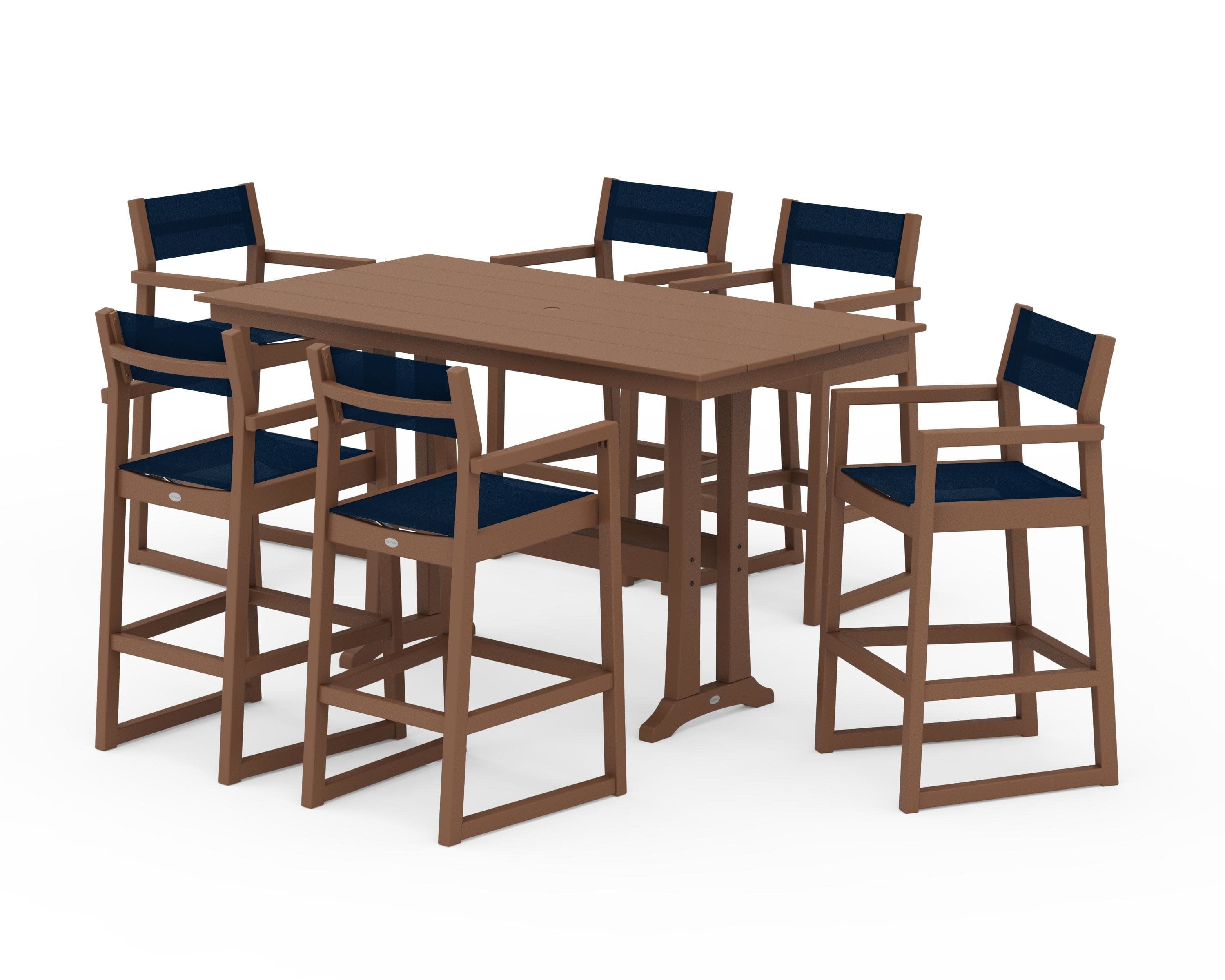 EDGE Sling Arm Chair 7-Piece Farmhouse Bar Set with Trestle Legs in Teak / Navy Blue Sling