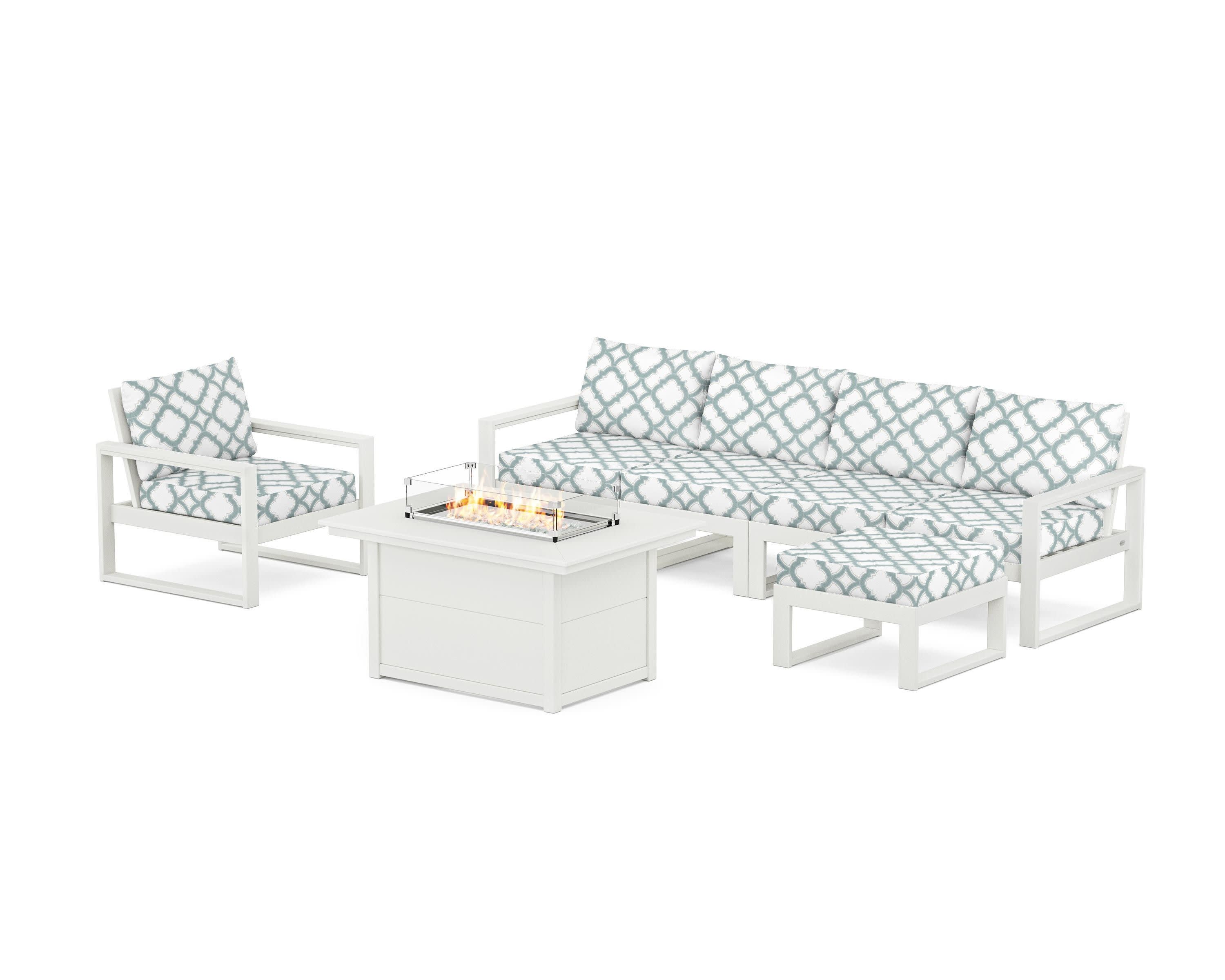 EDGE Sectional Lounge and Fire Pit Set in Vintage White / Trellis Glacier Spa