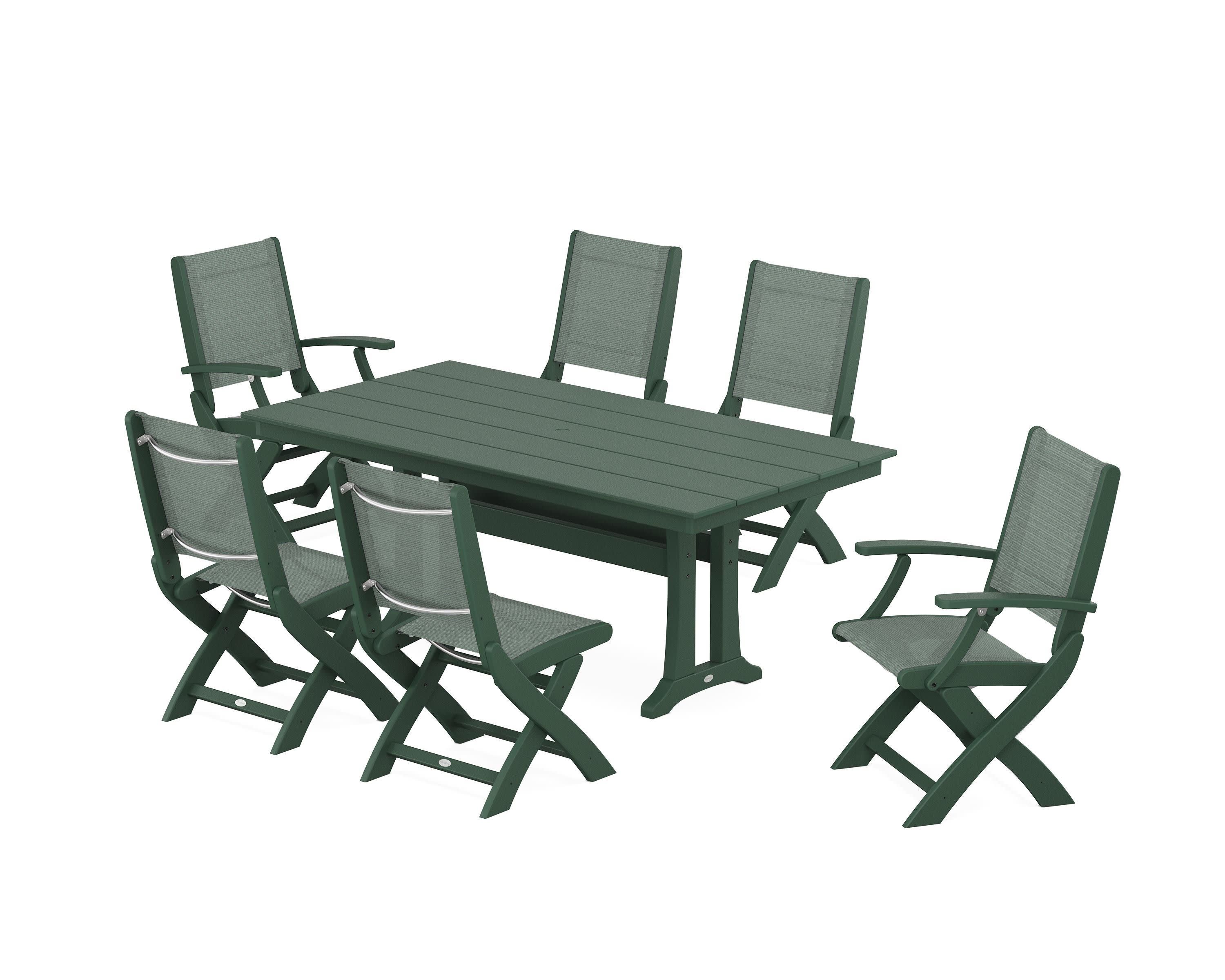 Coastal Folding Chair 7-Piece Farmhouse Dining Set with Trestle Legs in Green / Dupioni Sea Mist Sling