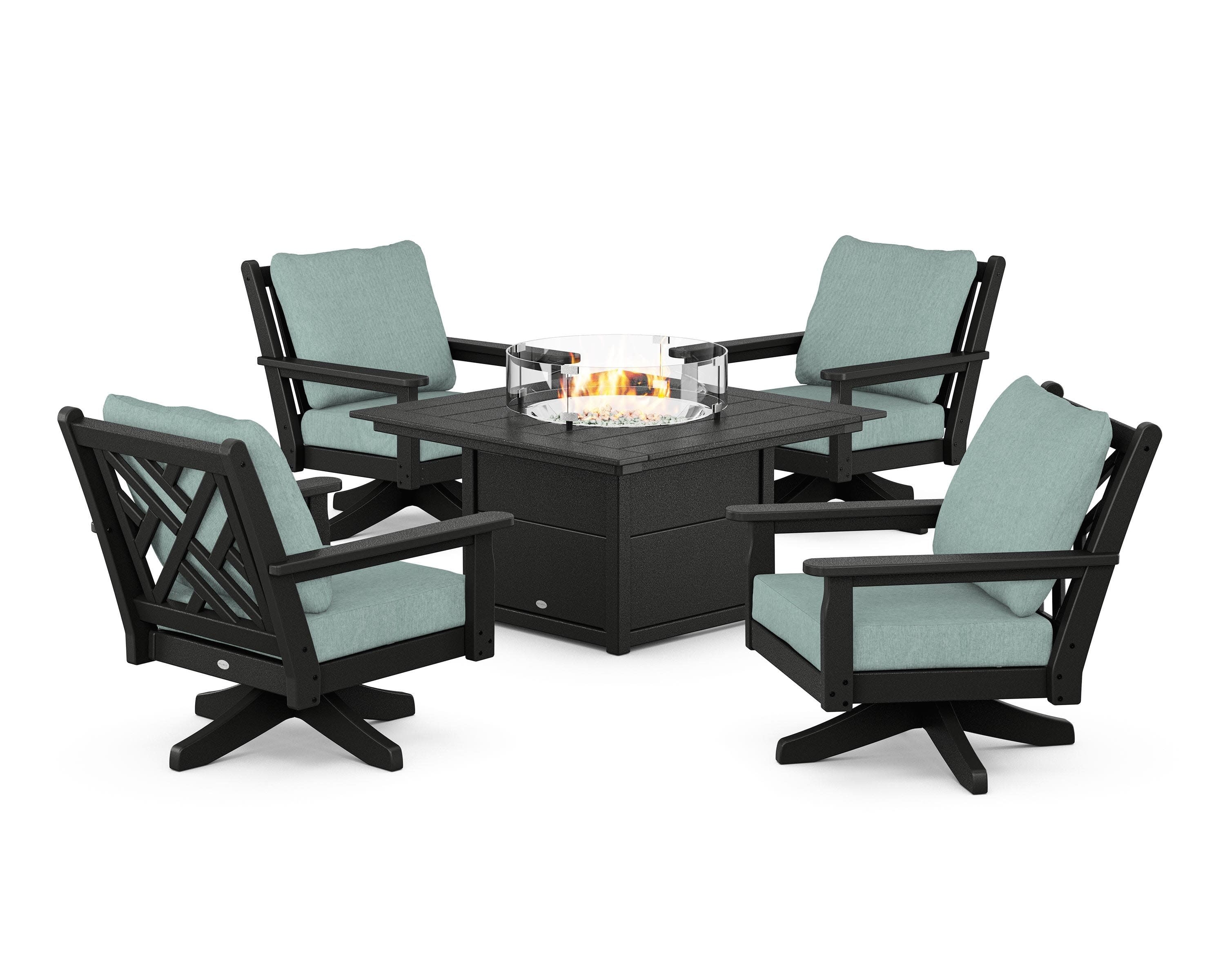 Chippendale 5-Piece Deep Seating Swivel Conversation Set with Fire Pit Table in Black / Glacier Spa