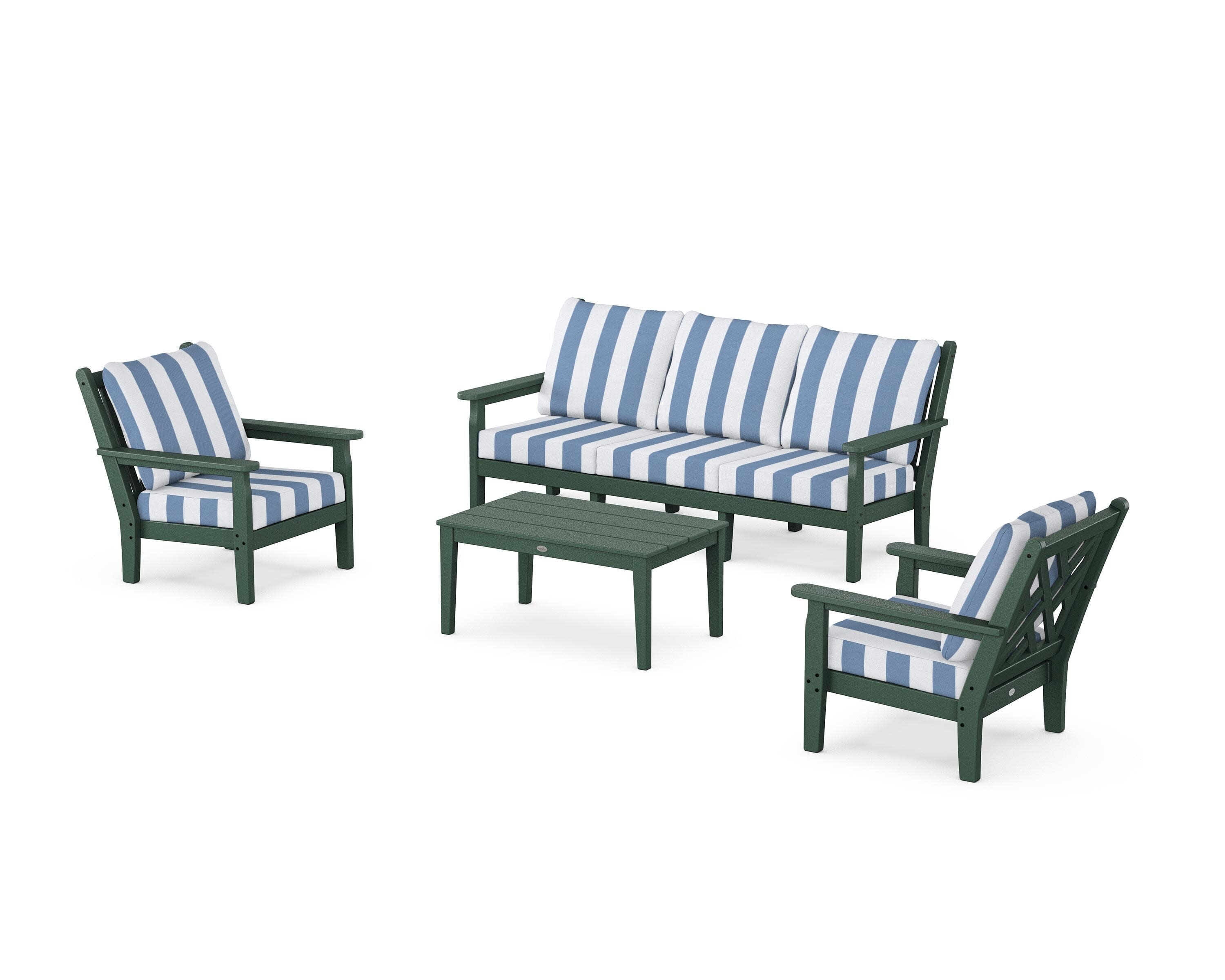 Chippendale 4-Piece Deep Seating Set with Sofa in Green / Cabana Stripe Sky Blue