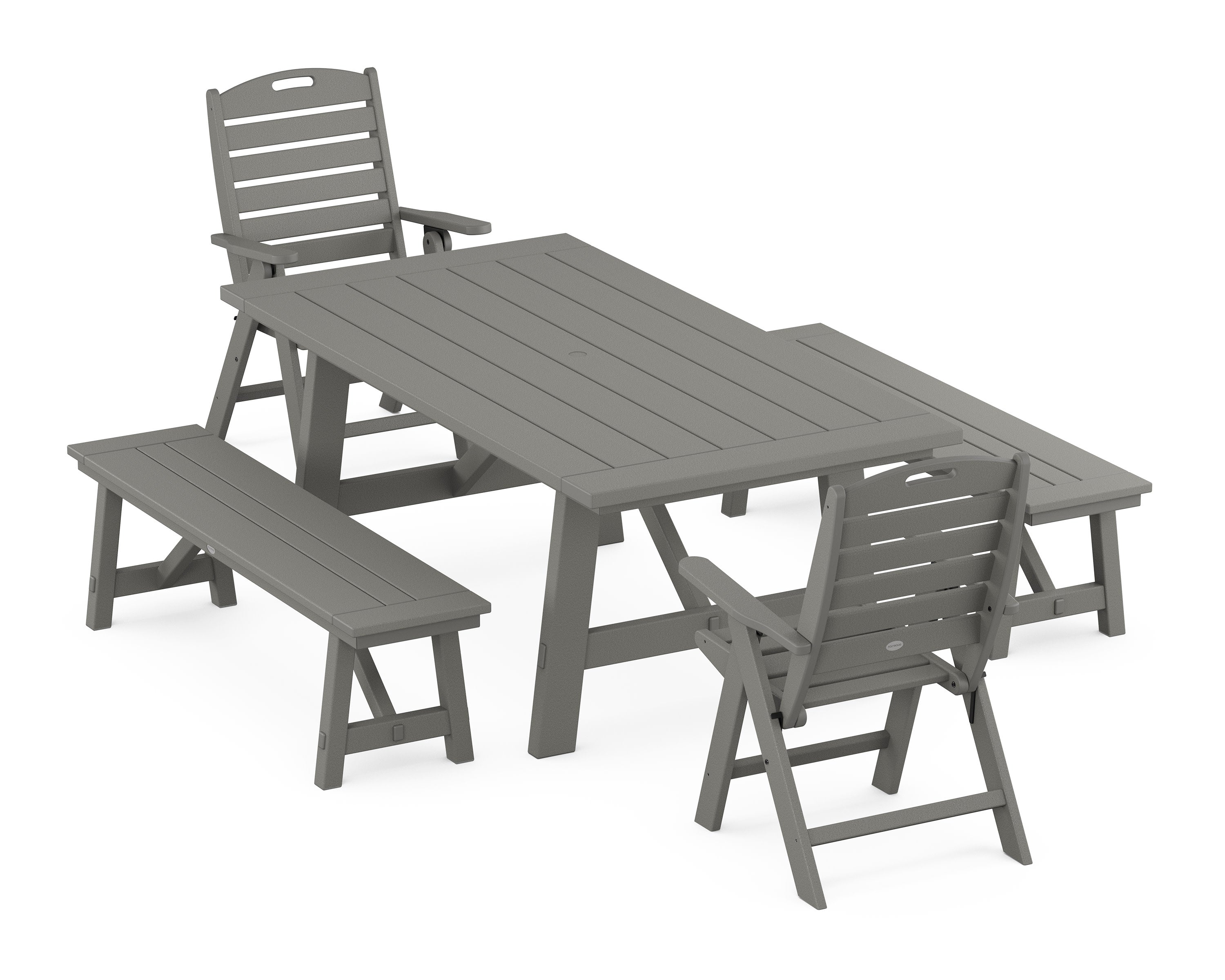 Nautical Folding Highback Chair 5-Piece Rustic Farmhouse Dining Set With Benches in Slate Grey