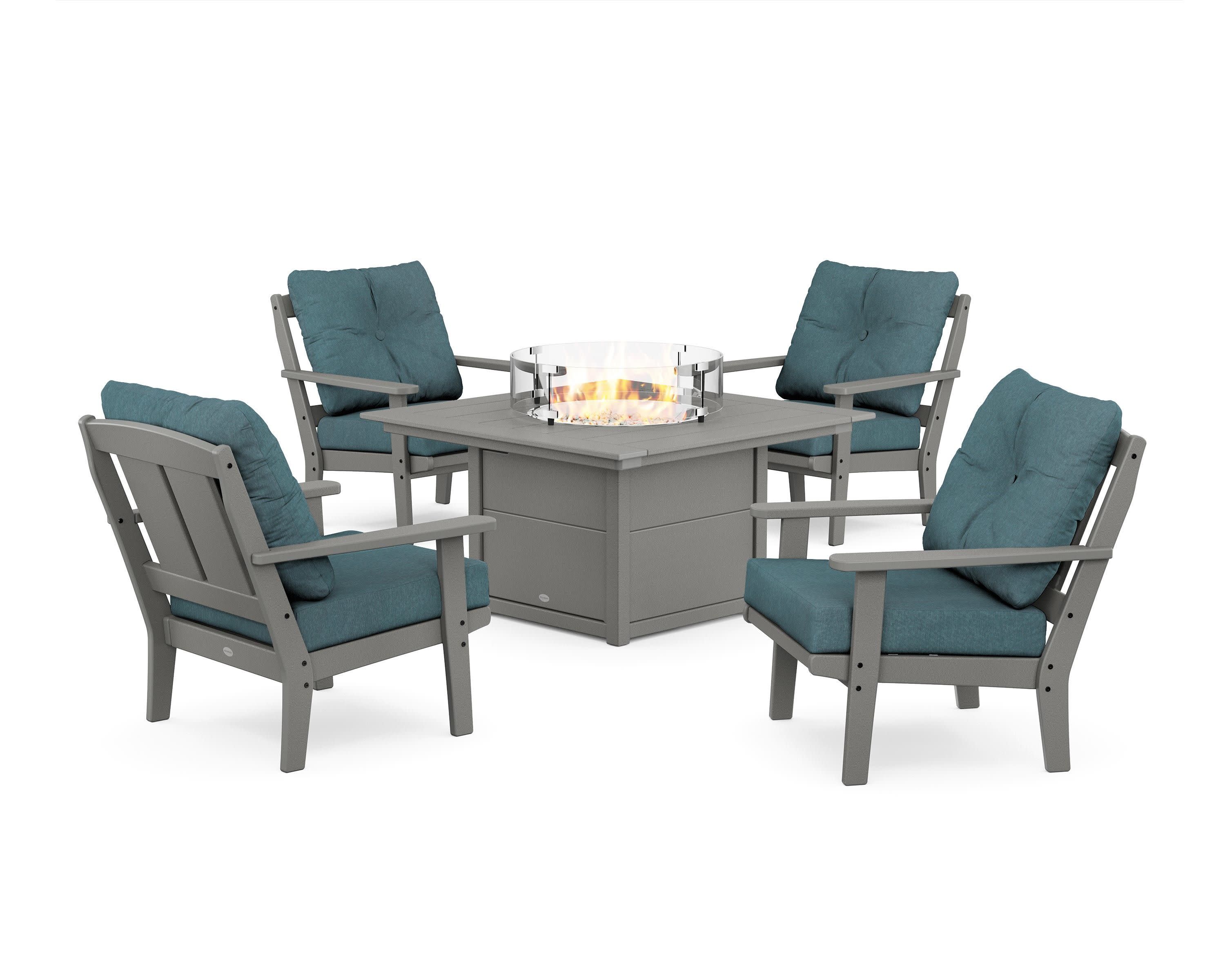Mission 5-Piece Deep Seating Set with Fire Pit Table in Slate Grey / Ocean Teal