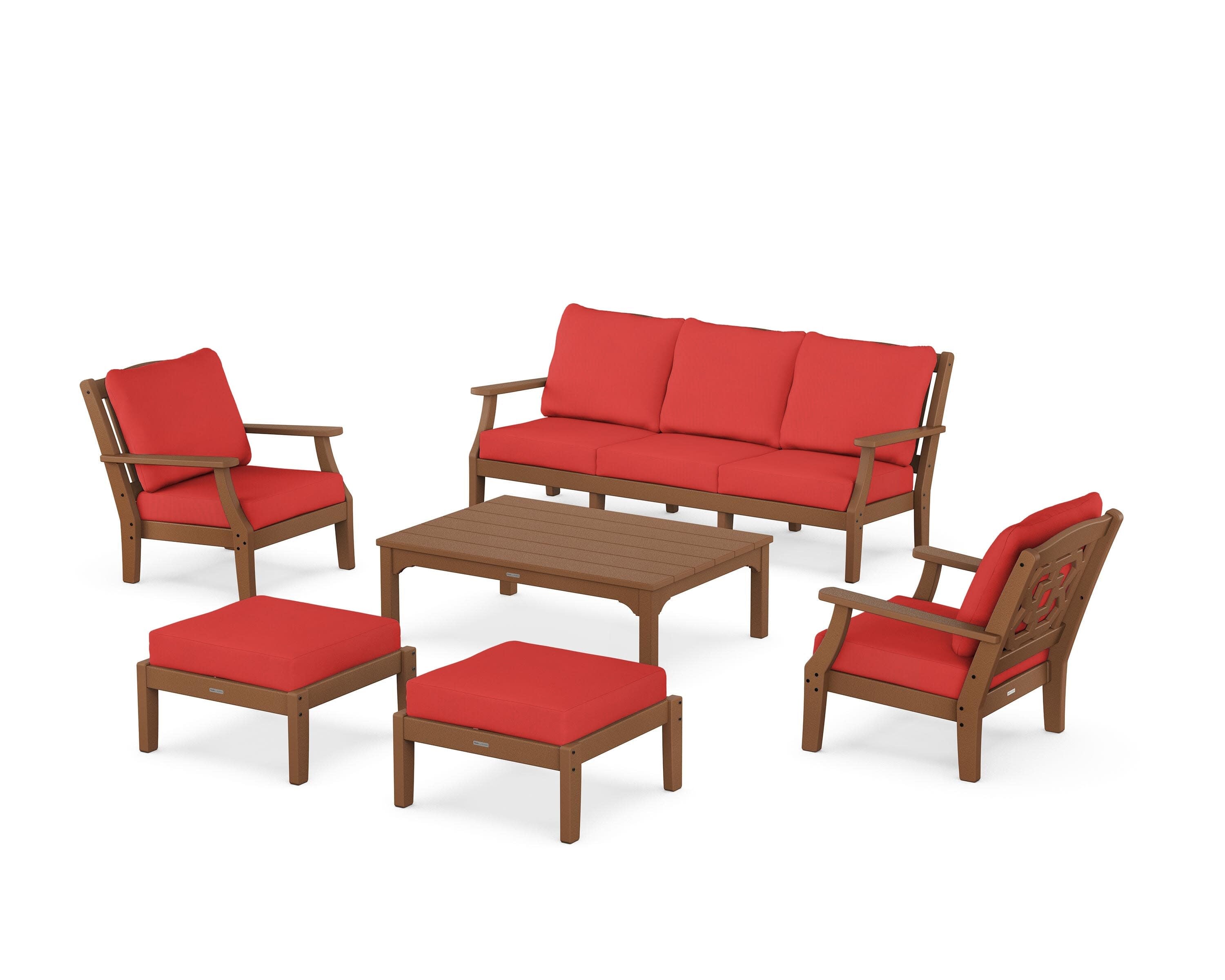 Chinoiserie 6-Piece Lounge Sofa Set in Teak / Crimson Linen