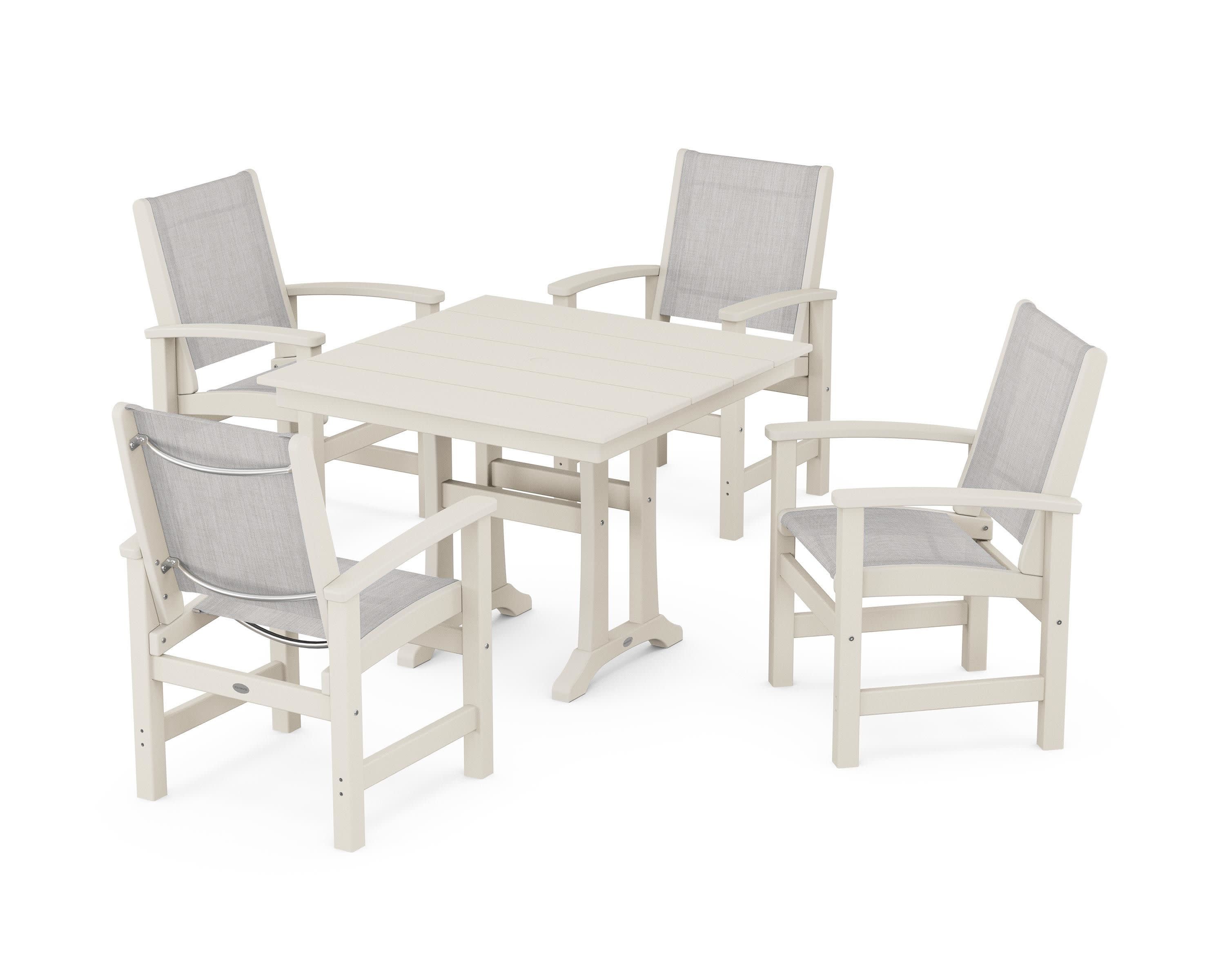Coastal 5-Piece Farmhouse Dining Set With Trestle Legs in Sand / Parchment Sling