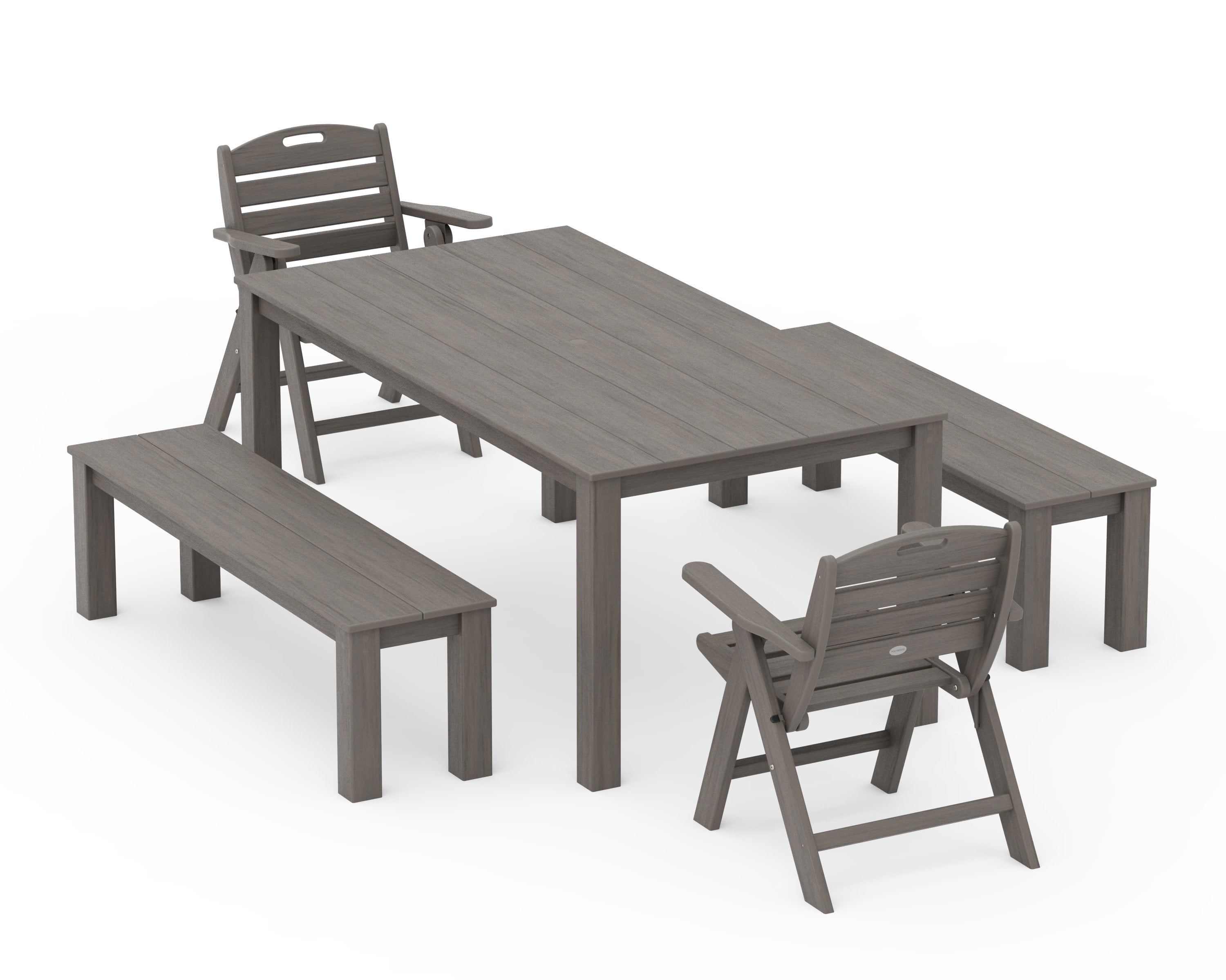 Nautical Folding Lowback Chair 5-Piece Parsons Dining Set with Benches in Driftwood