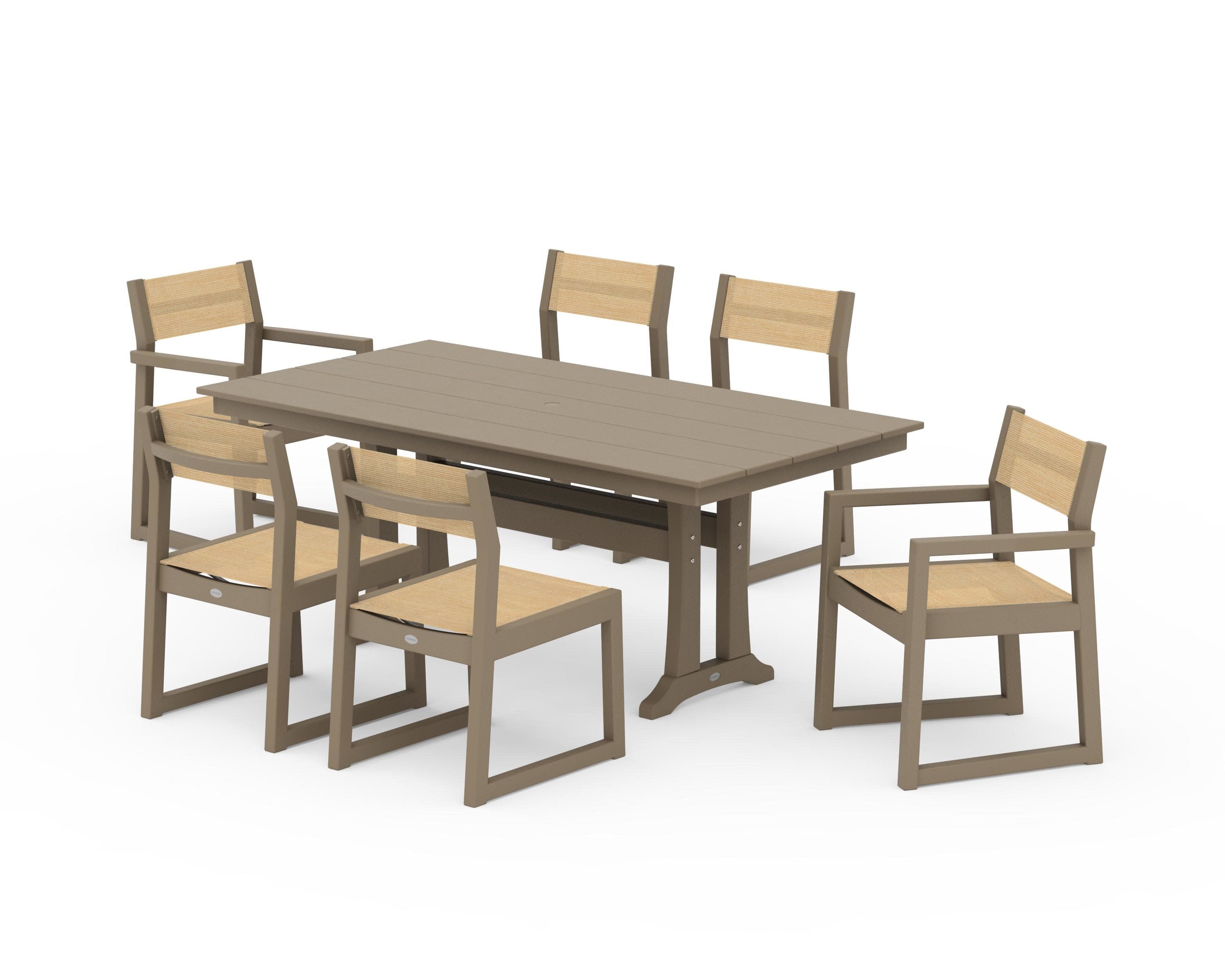 EDGE Sling 7-Piece Farmhouse Trestle Dining Set in Vintage Sahara / Dupioni Apricot Sling