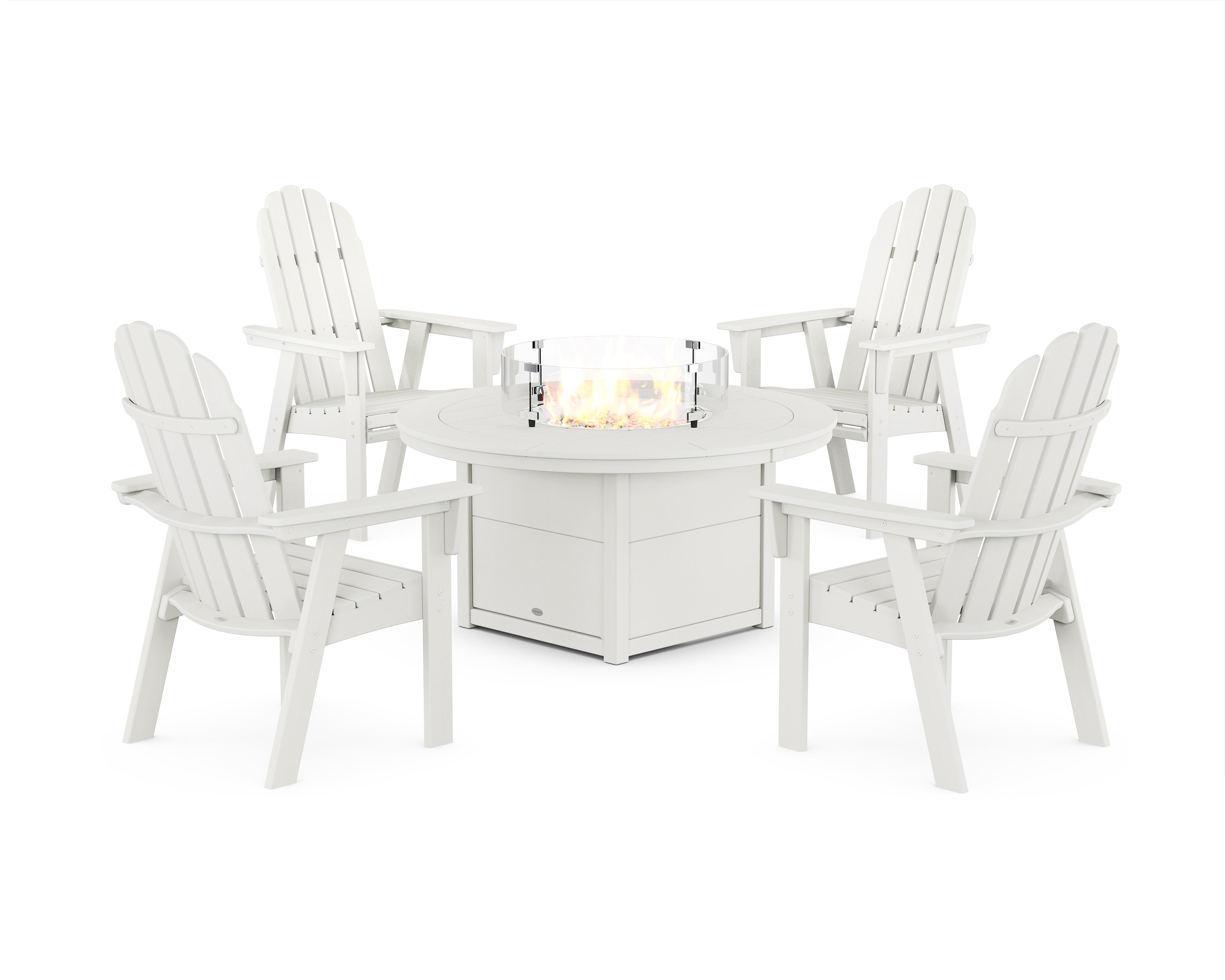 Vineyard 4-Piece Curveback Upright Adirondack Conversation Set with Fire Pit Table in Vintage White