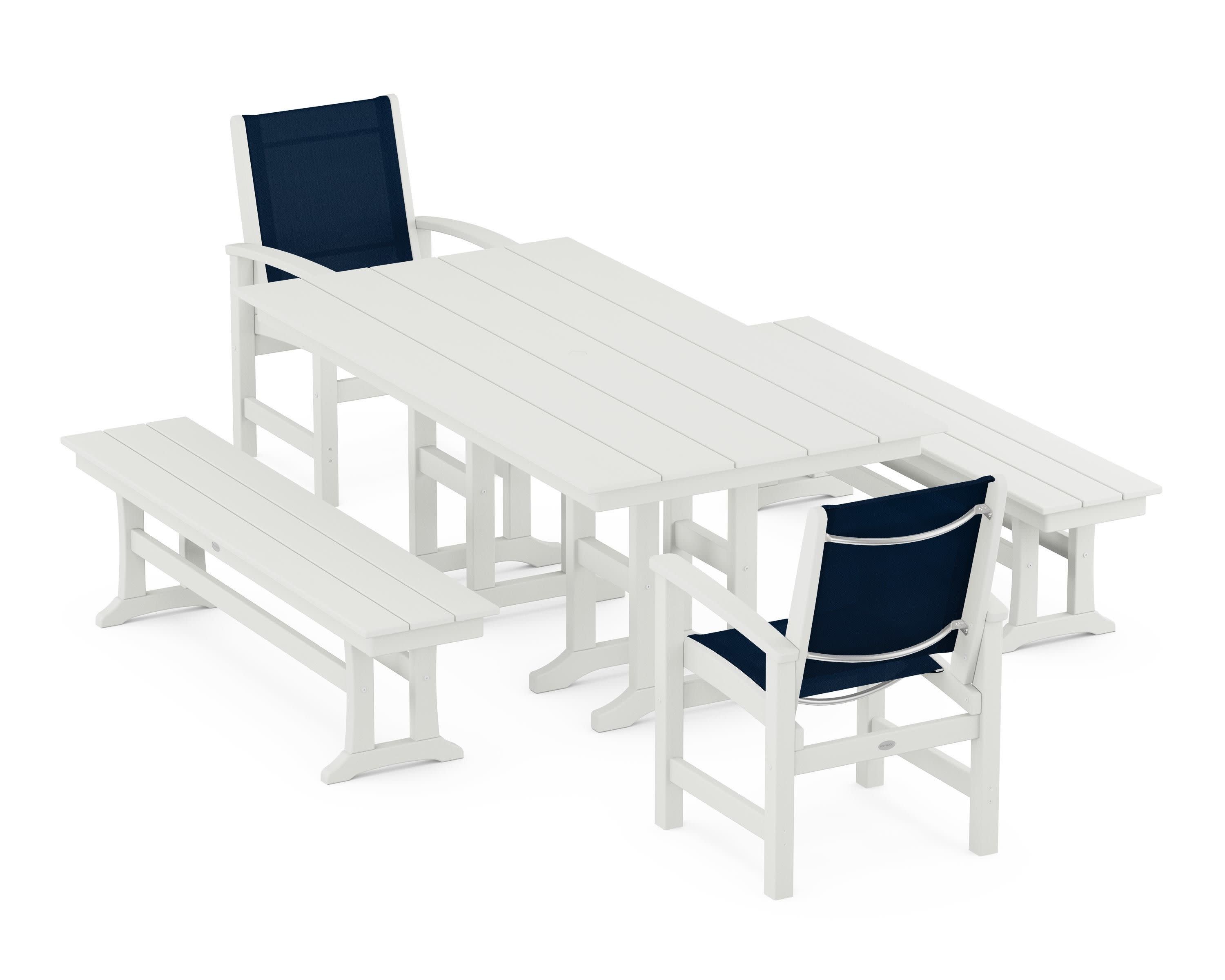Coastal 5-Piece Farmhouse Dining Set in Vintage White / Navy Blue Sling