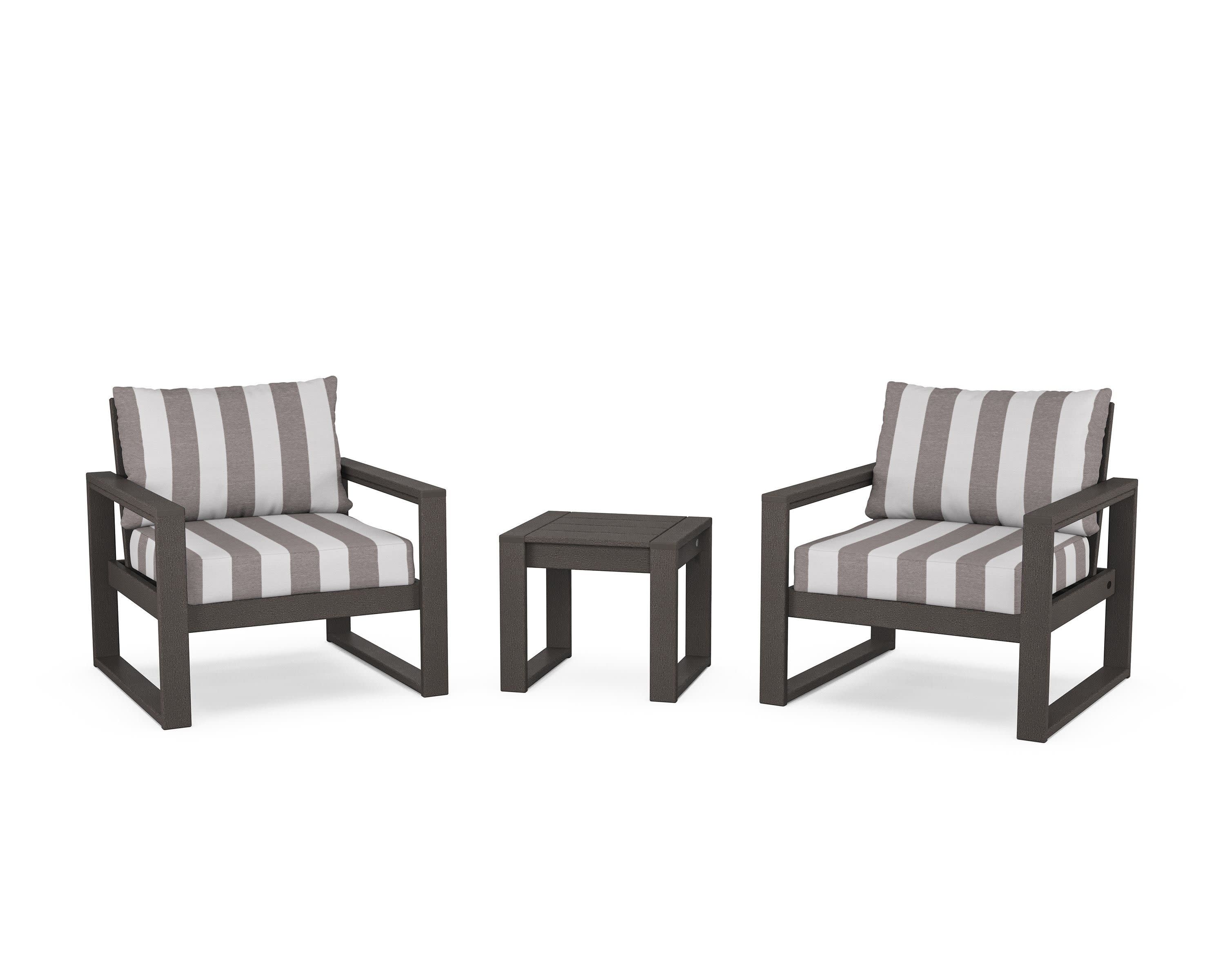 EDGE Sectional 3-Piece Deep Seating Set in Vintage Coffee / Cabana Stripe Grey Mist