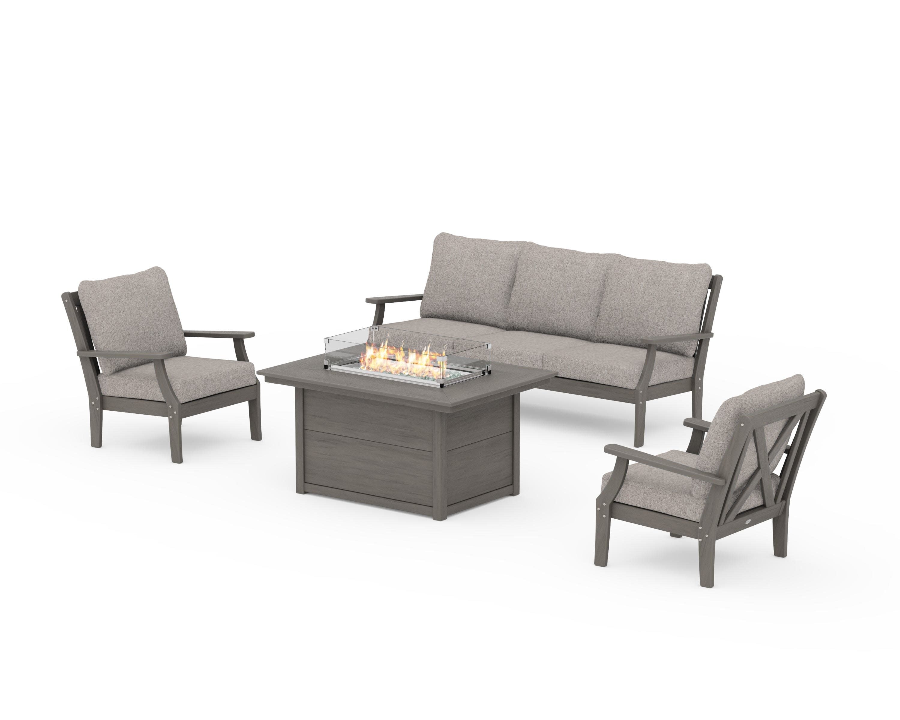 Braxton Deep Seating Fire Pit Table Set in Driftwood / Weathered Tweed