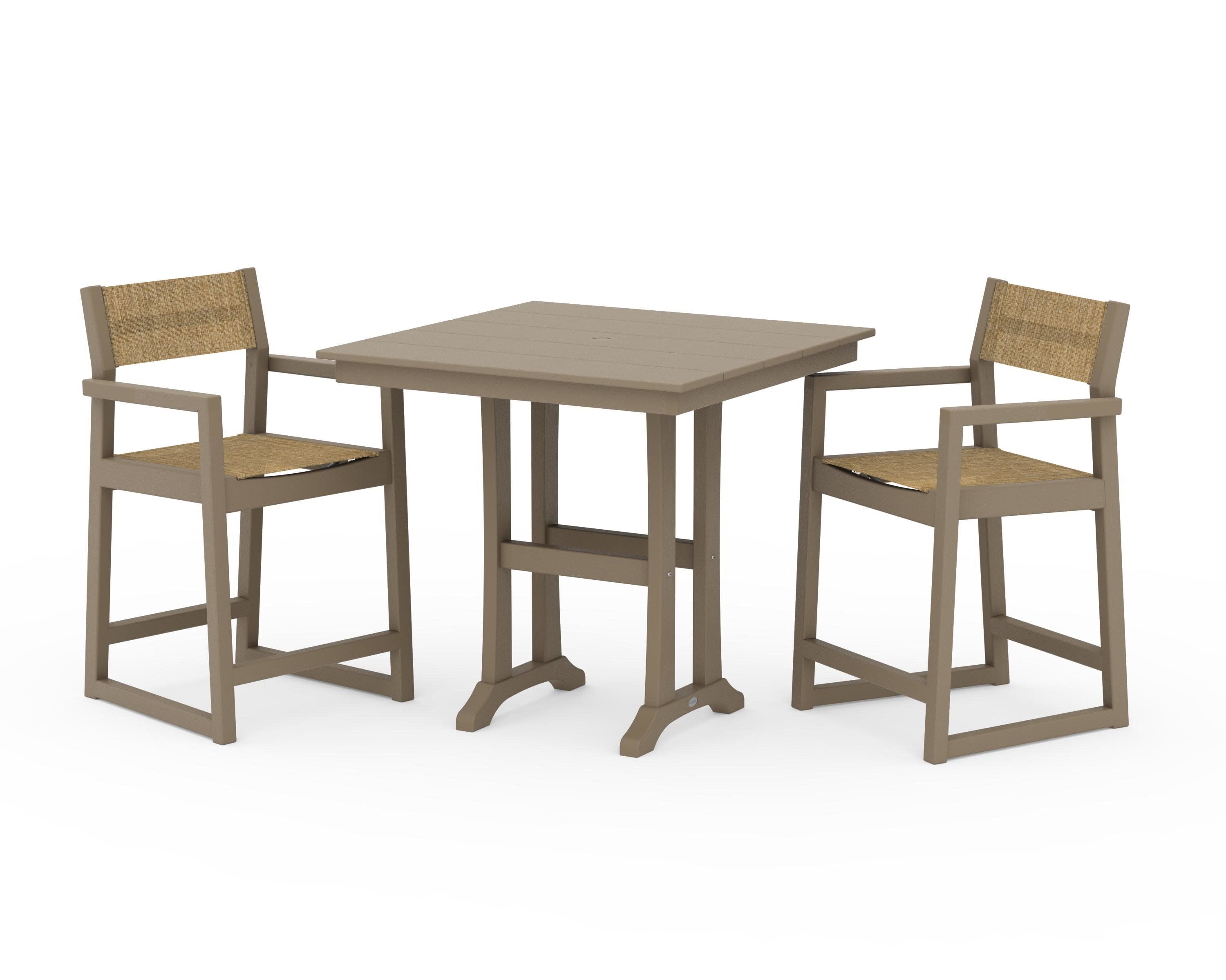 EDGE Sling Arm Chair 3-Piece Farmhouse Counter Set with Trestle Legs in Vintage Sahara / Burlap Sling