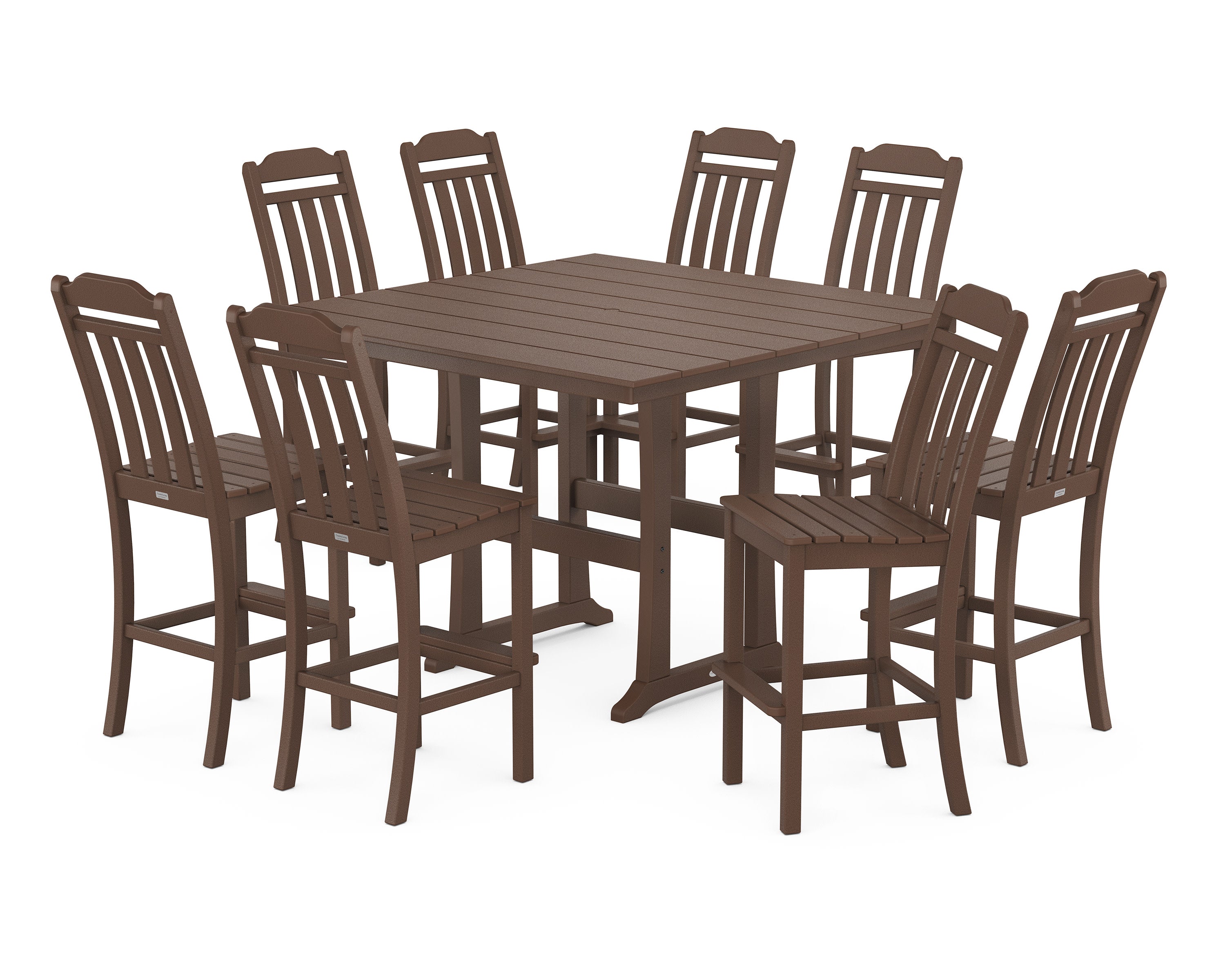 Cottage 9-Piece Square Farmhouse Side Chair Bar Set with Trestle Legs in Mahogany