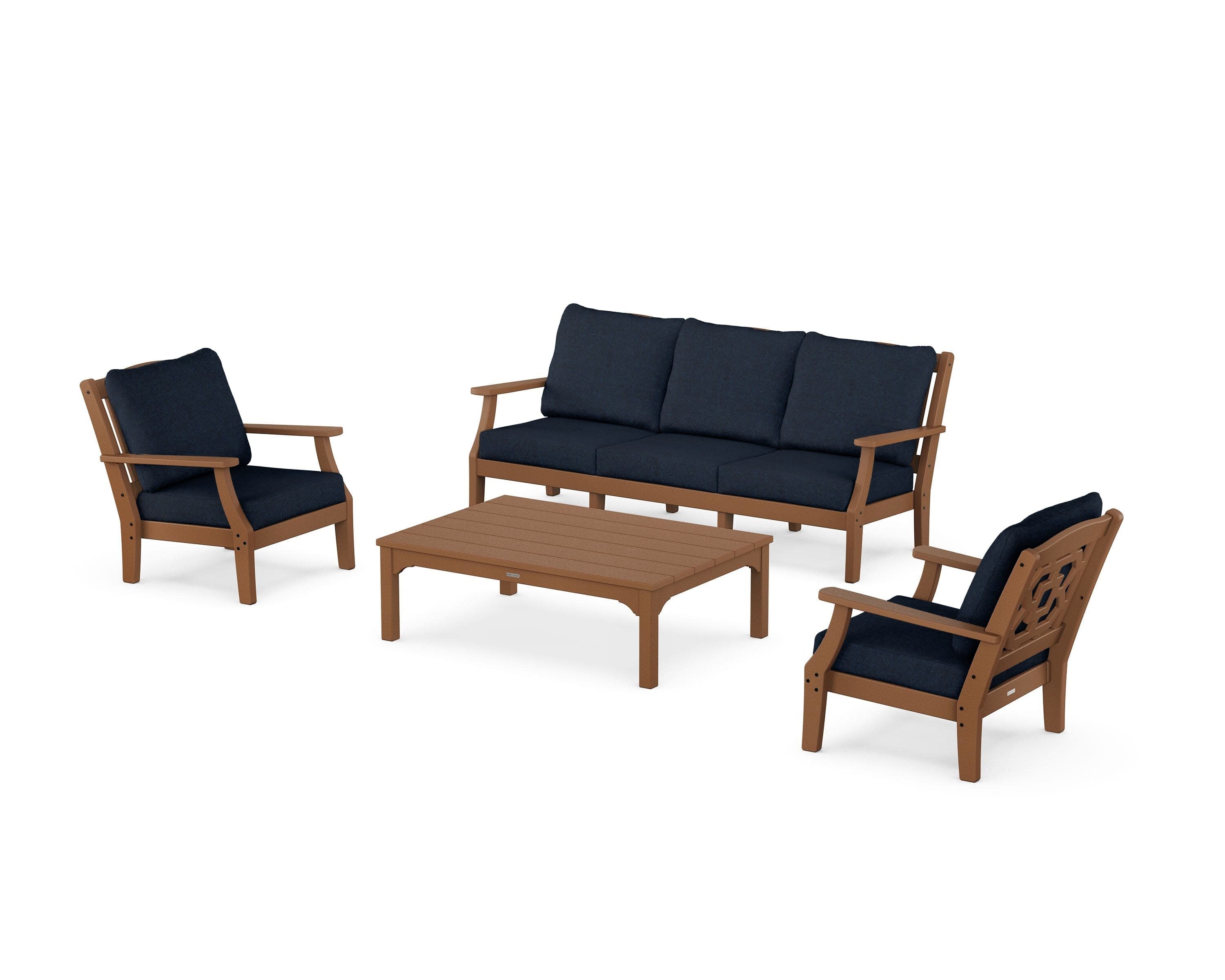 Chinoiserie 4-Piece Deep Seating Set with Sofa in Teak / Marine Indigo