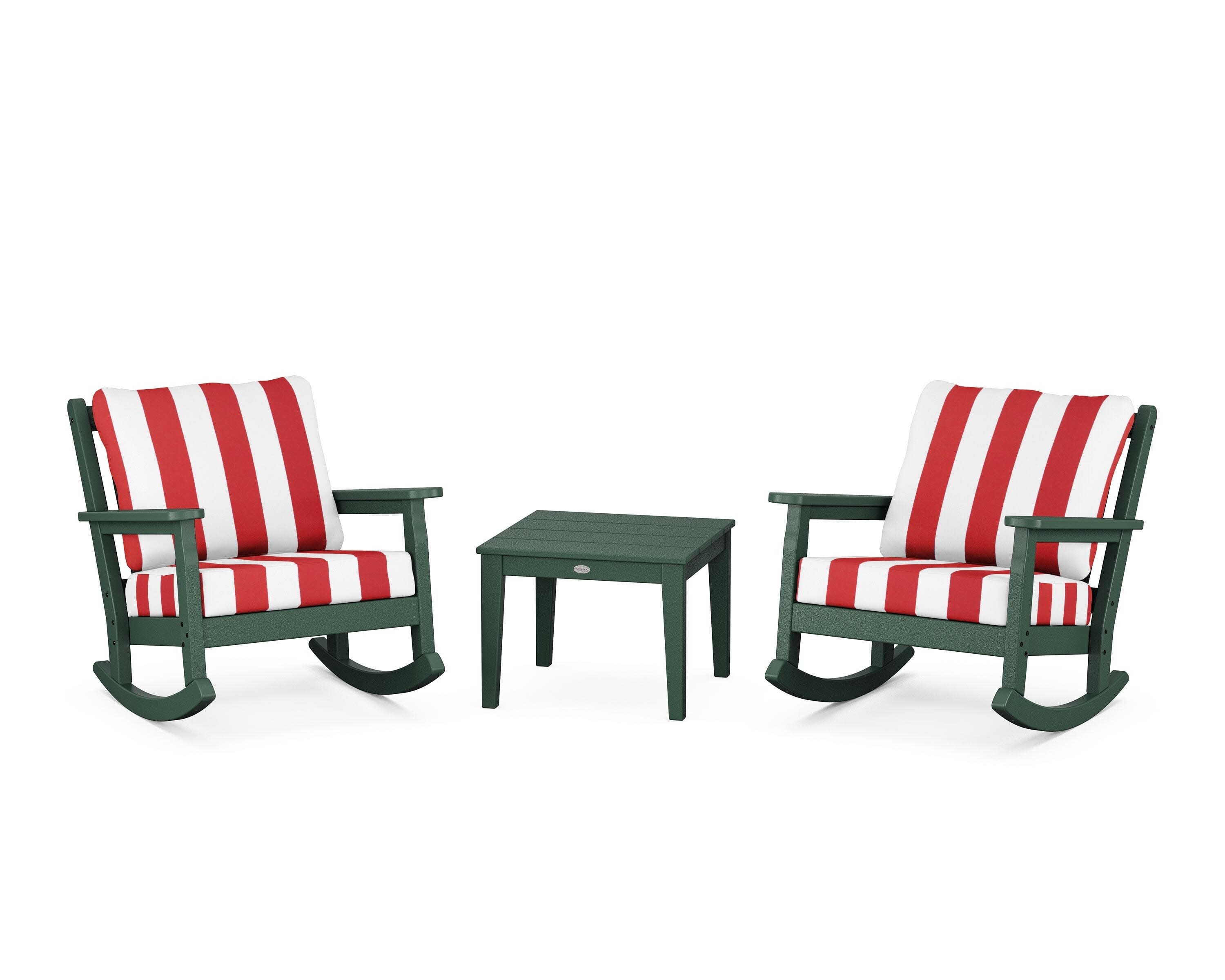 Chippendale 3-Piece Deep Seating Rocker Set in Green / Cabana Stripe Crimson