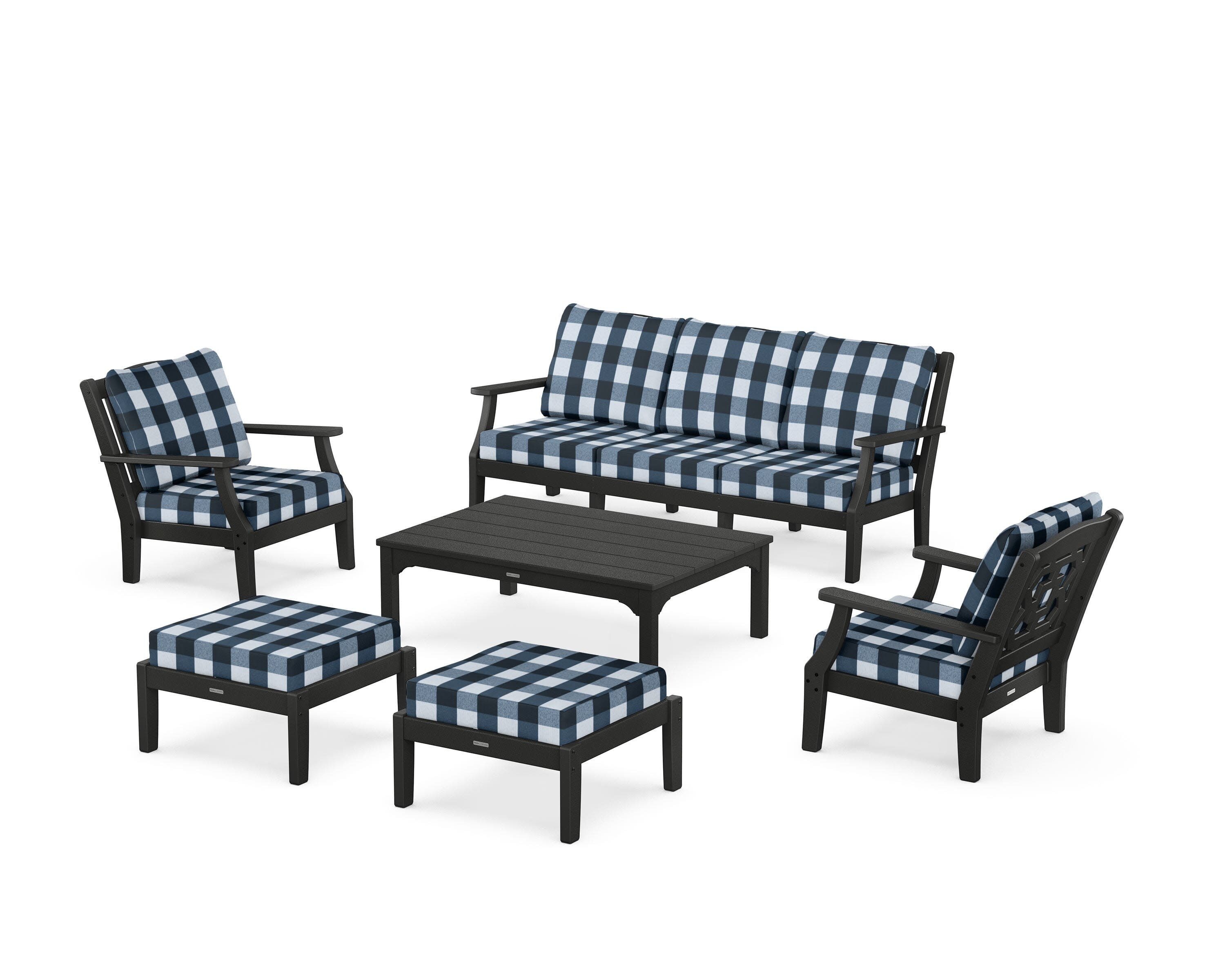 Chinoiserie 6-Piece Lounge Sofa Set in Black / Buffalo Plaid Marine Indigo