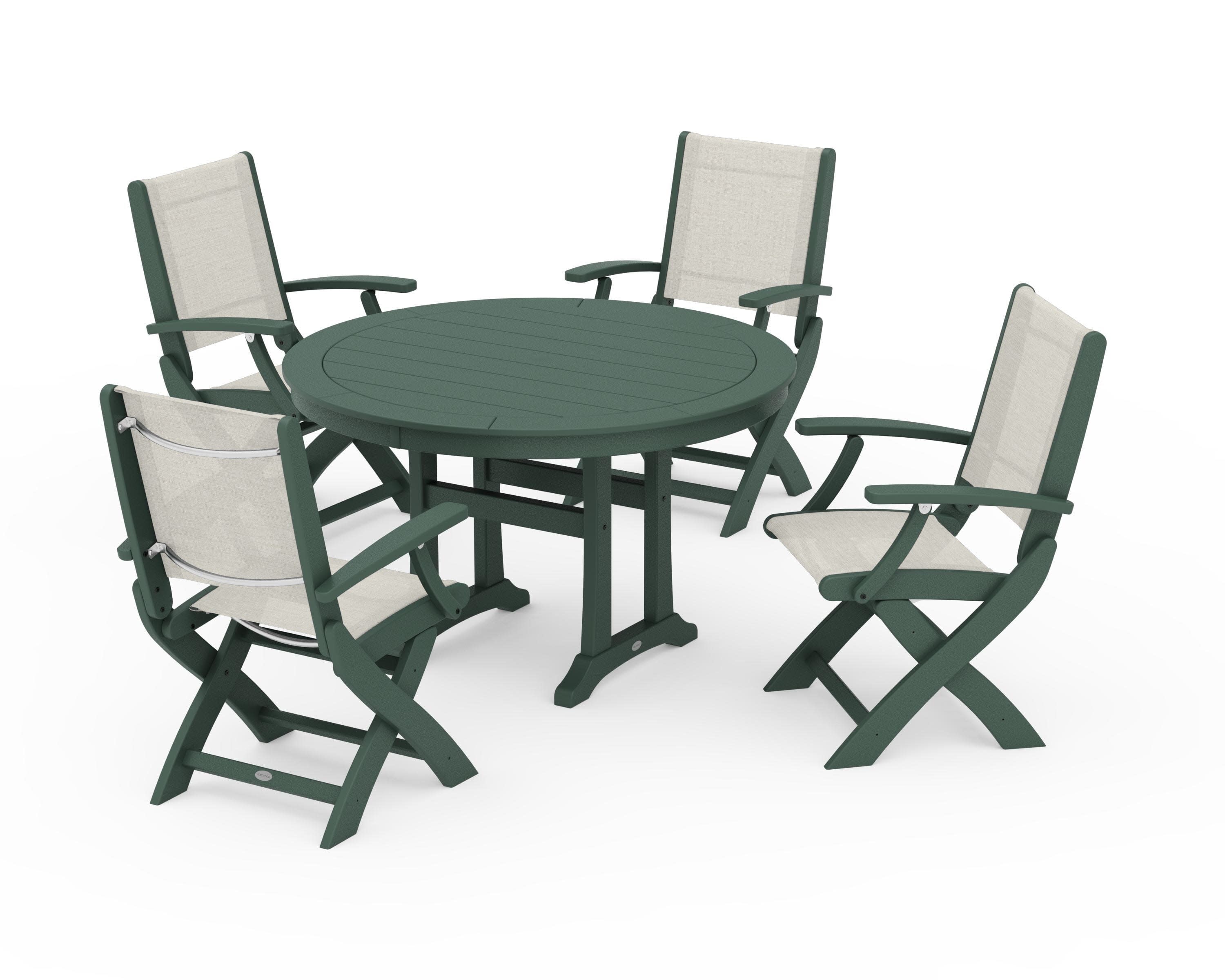 Coastal Folding Chair 5-Piece Round Dining Set with Trestle Legs in Green / Parchment Sling