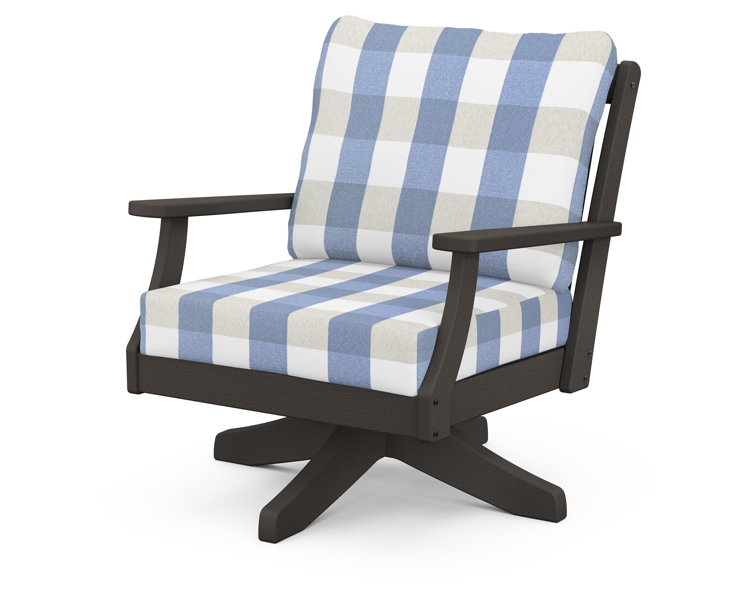 Braxton Deep Seating Swivel Chair in Vintage Coffee / Buffalo Plaid Sky Blue