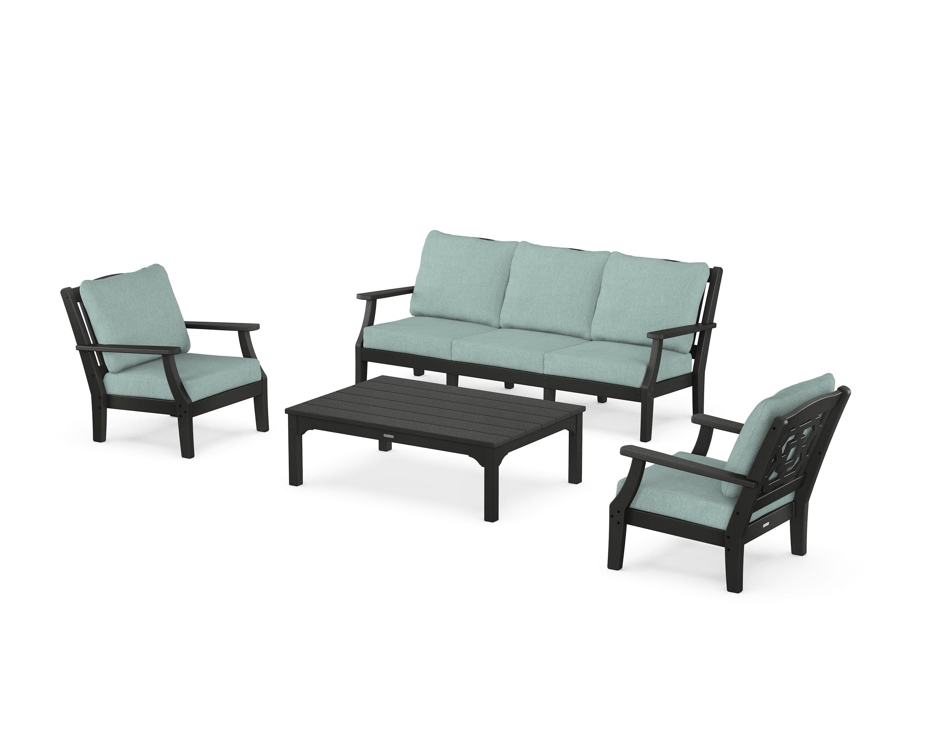 Chinoiserie 4-Piece Deep Seating Set with Sofa in Black / Glacier Spa