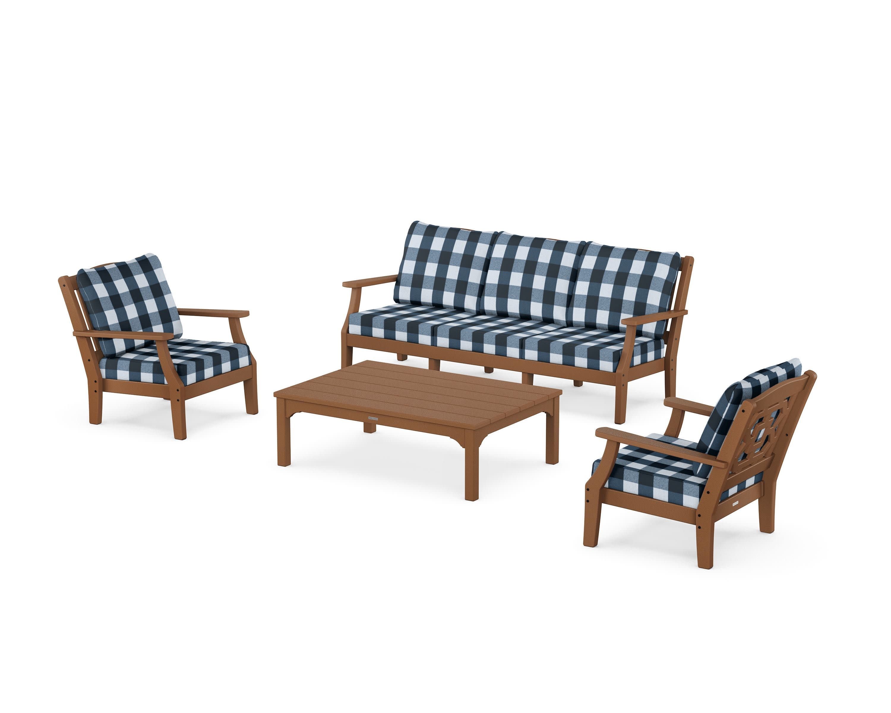 Chinoiserie 4-Piece Deep Seating Set with Sofa in Teak / Buffalo Plaid Marine Indigo