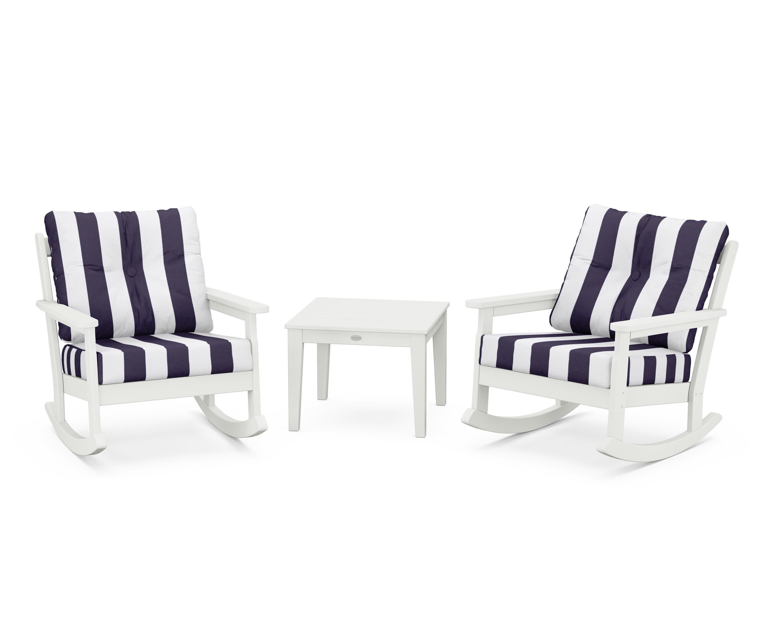 Vineyard 3-Piece Deep Seating Rocker Set in Vintage White / Cabana Stripe Navy