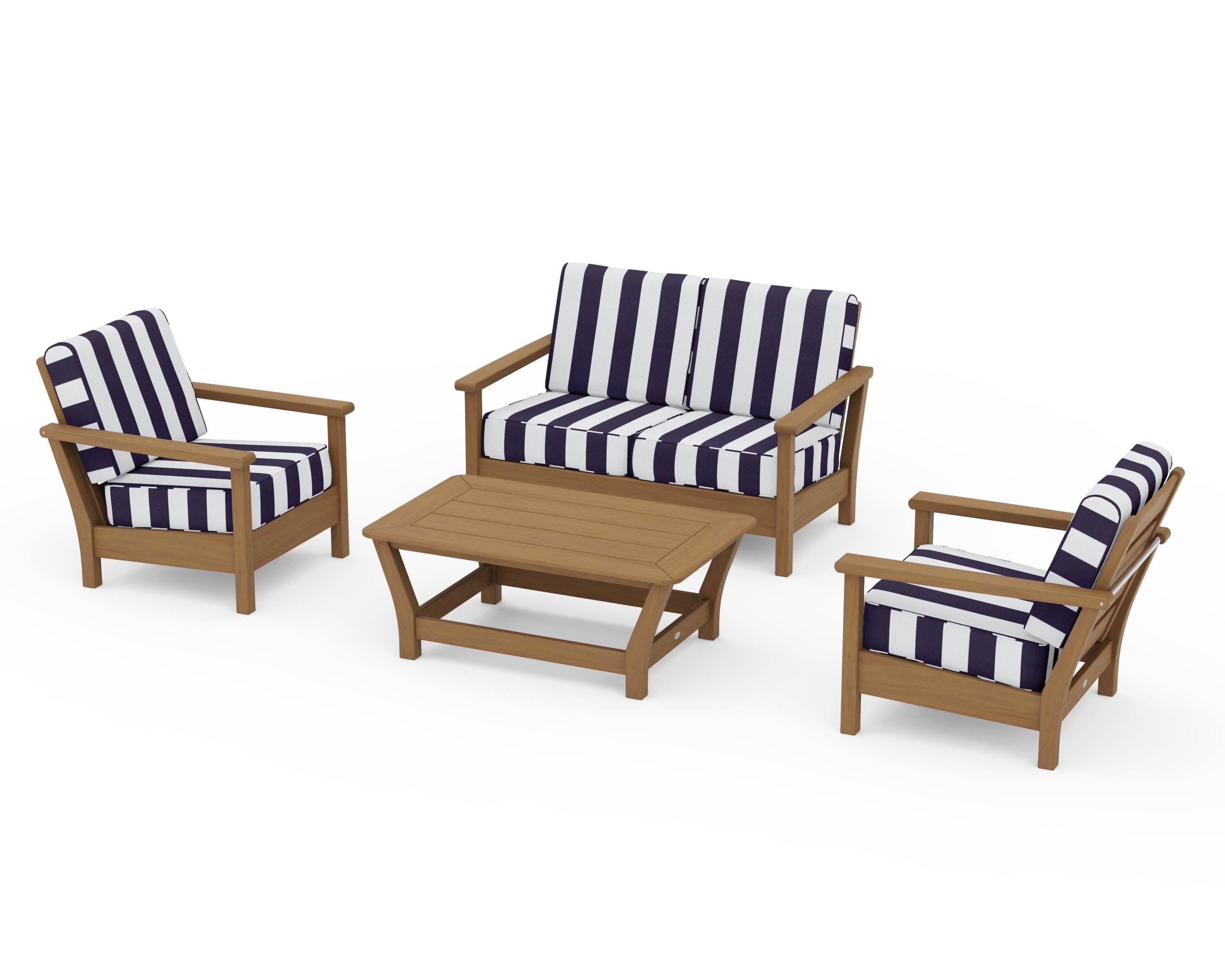 Harbour 4-Piece Deep Seating Set in Natural / Cabana Stripe Navy