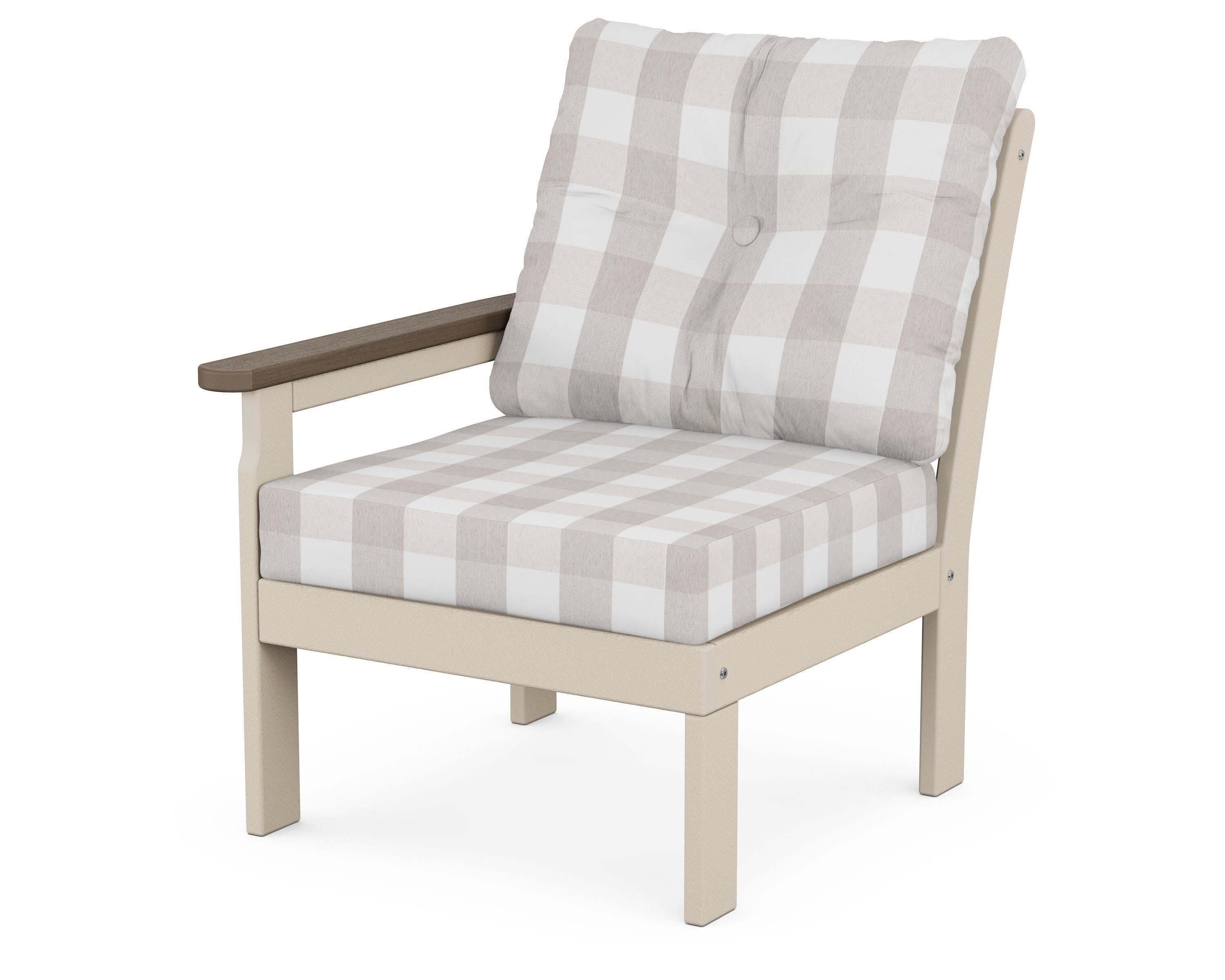 Vineyard Modular Left Arm Chair in Sand / Kona / Buffalo Plaid Dune Burlap