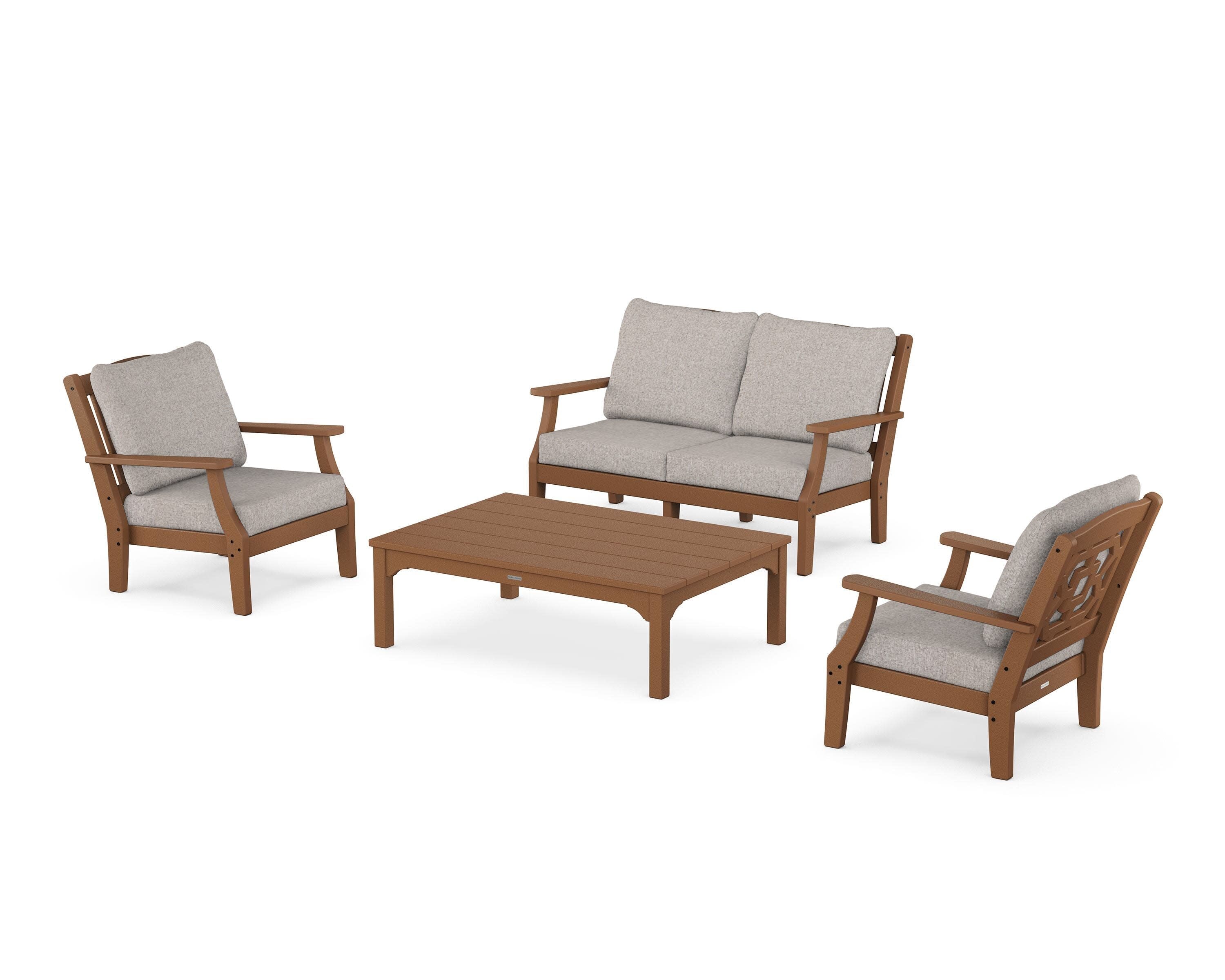 Chinoiserie 4-Piece Deep Seating Set with Loveseat in Teak / Weathered Tweed
