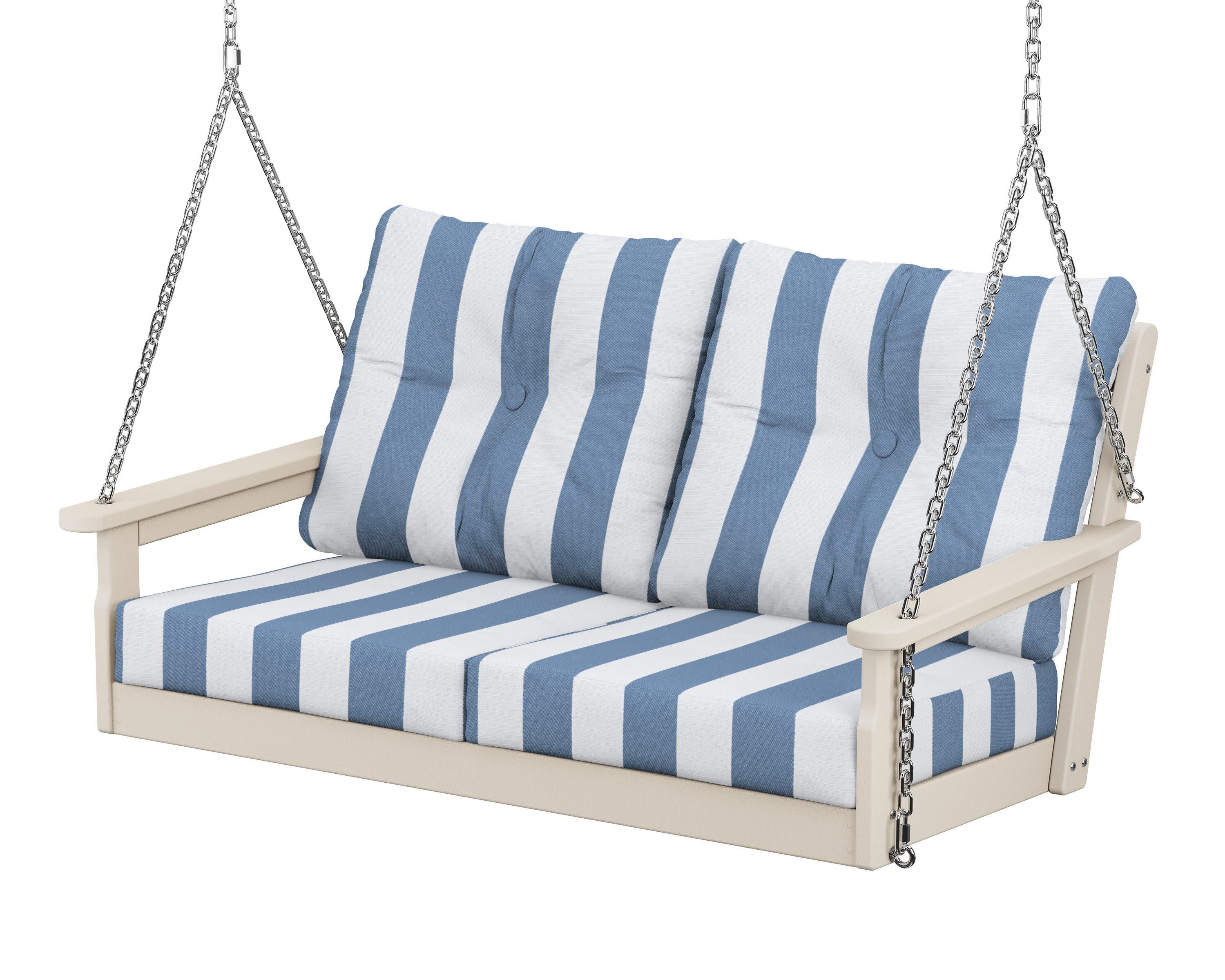 Vineyard Deep Seating Swing in Sand / Cabana Stripe Sky Blue