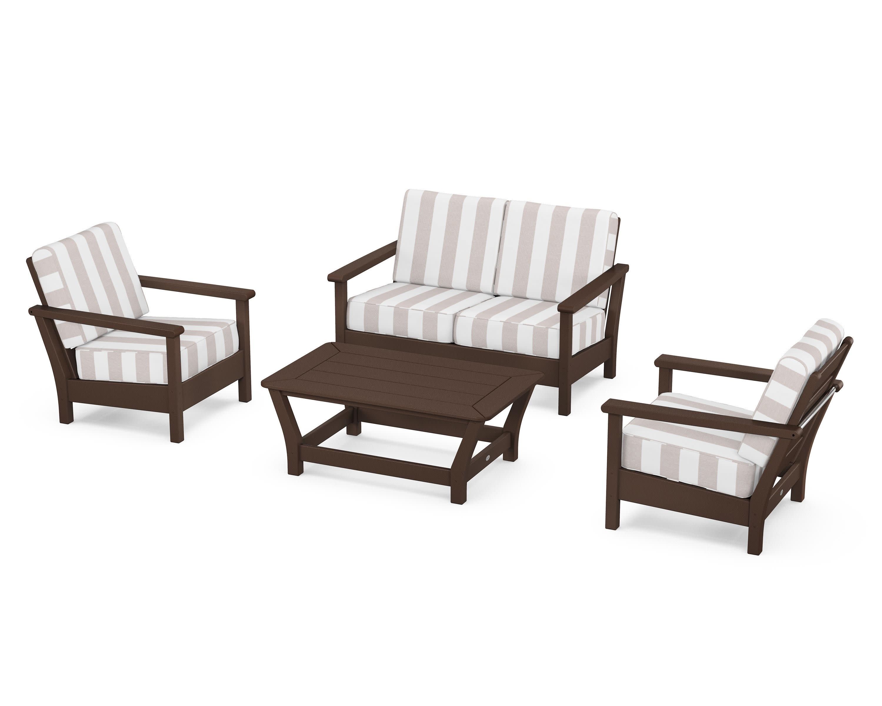 Harbour 4-Piece Deep Seating Set in Mahogany / Cabana Stripe Dune Burlap