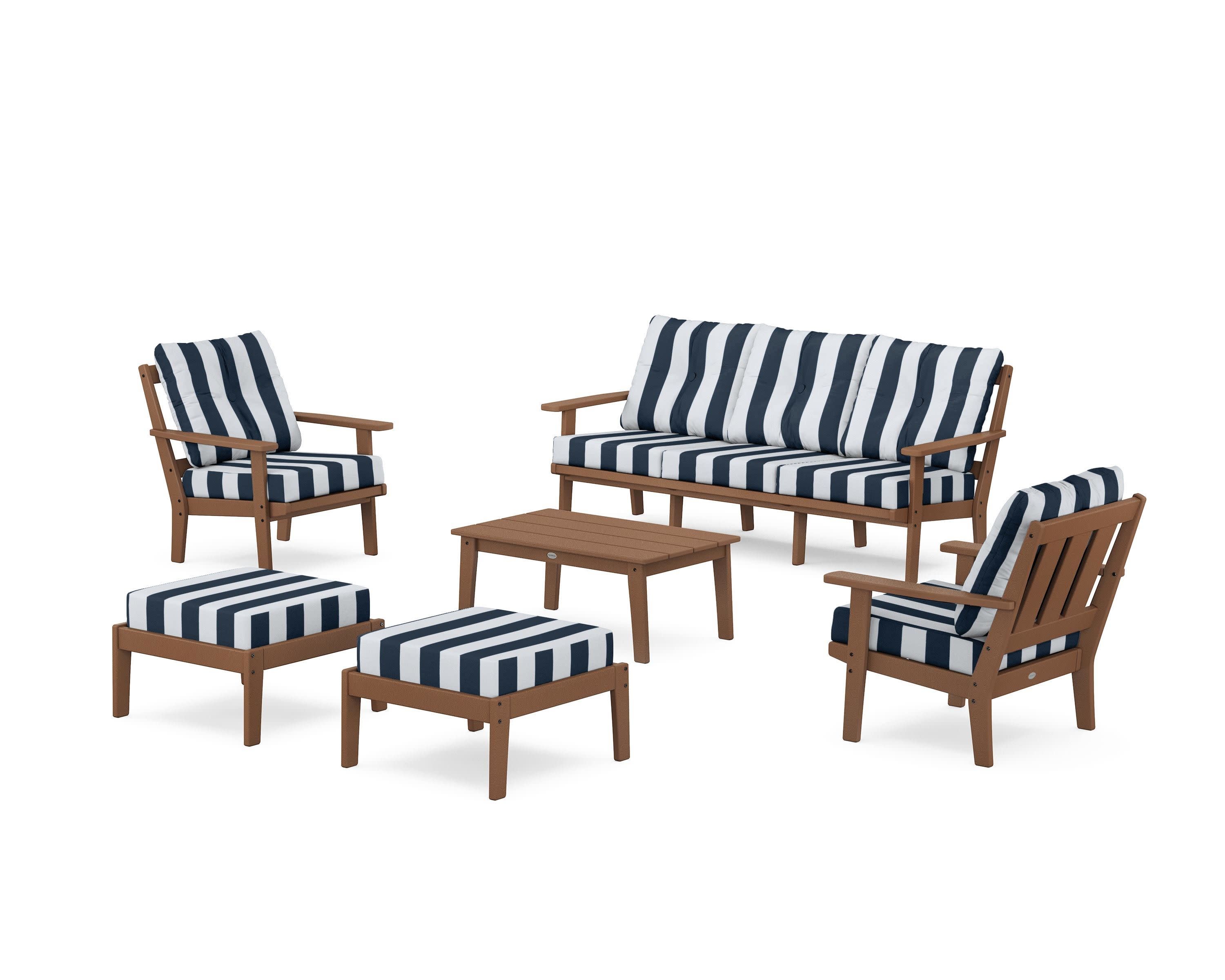 Oxford 6-Piece Lounge Sofa Set in Teak / Cabana Stripe Marine Indigo