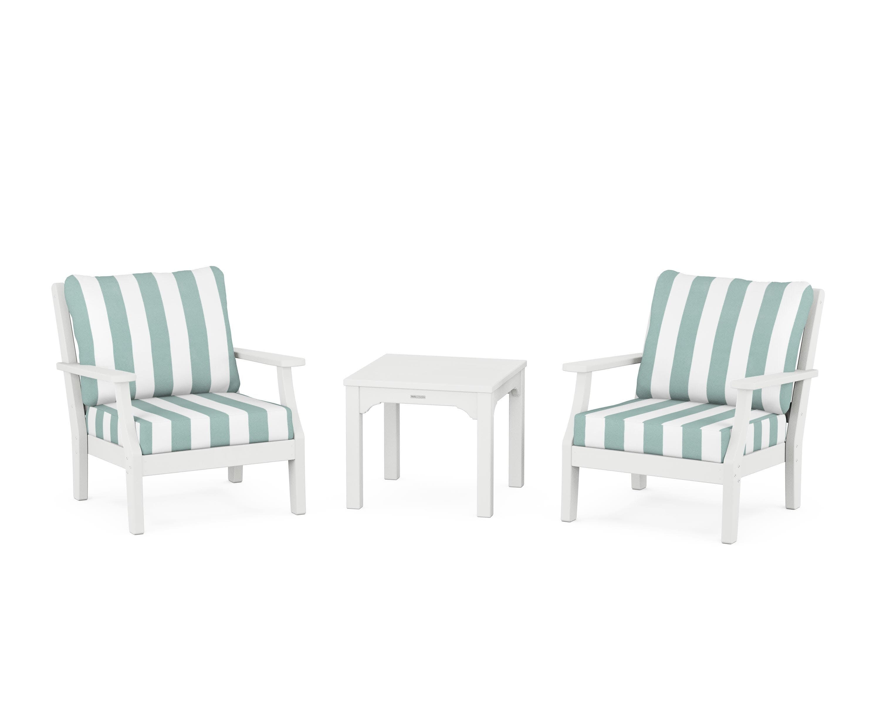 Chinoiserie 3-Piece Deep Seating Set in White / Cabana Stripe Glacier Spa