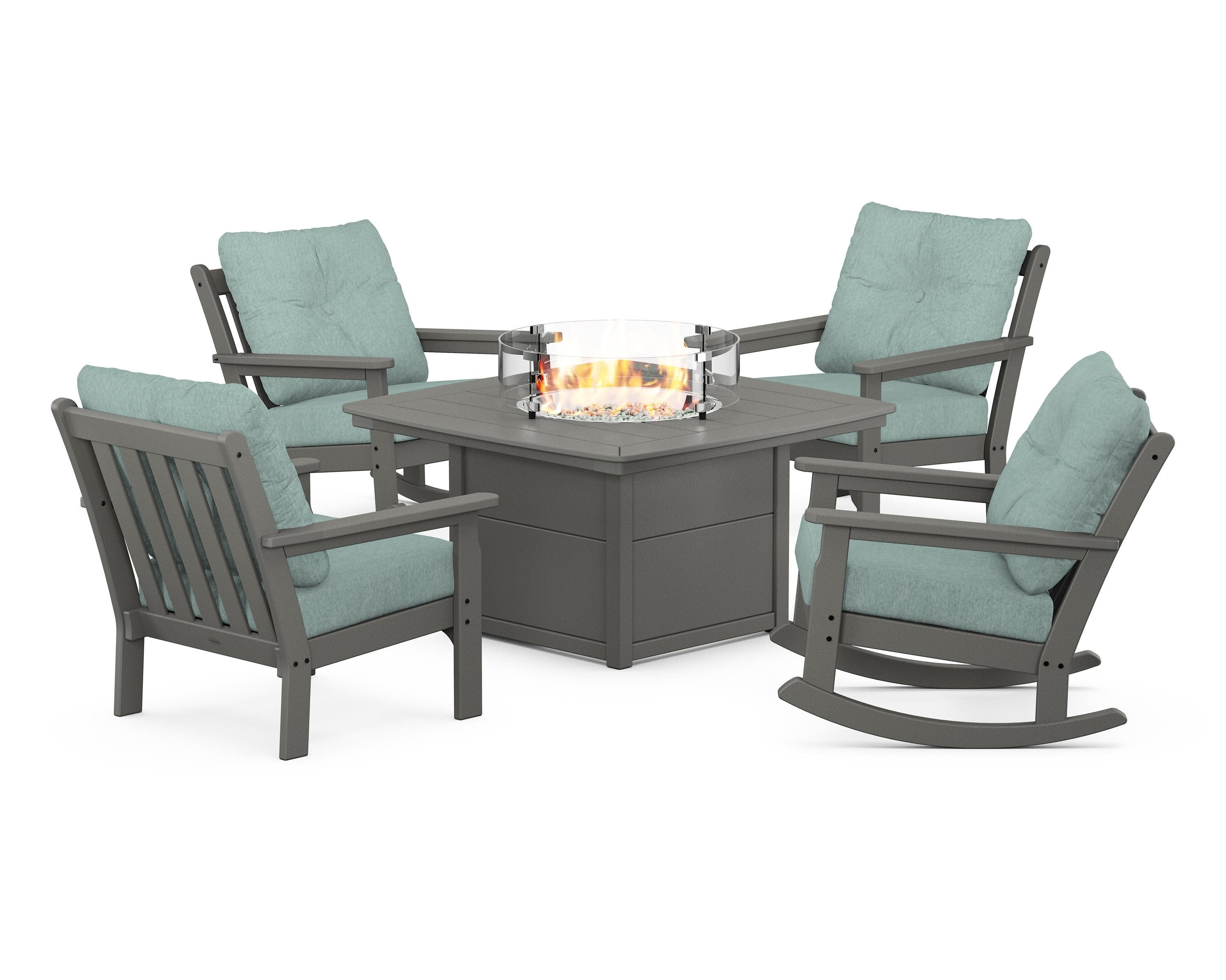 Vineyard 5-Piece Deep Seating Rocking Chair Conversation Set with Fire Pit Table in Slate Grey / Glacier Spa