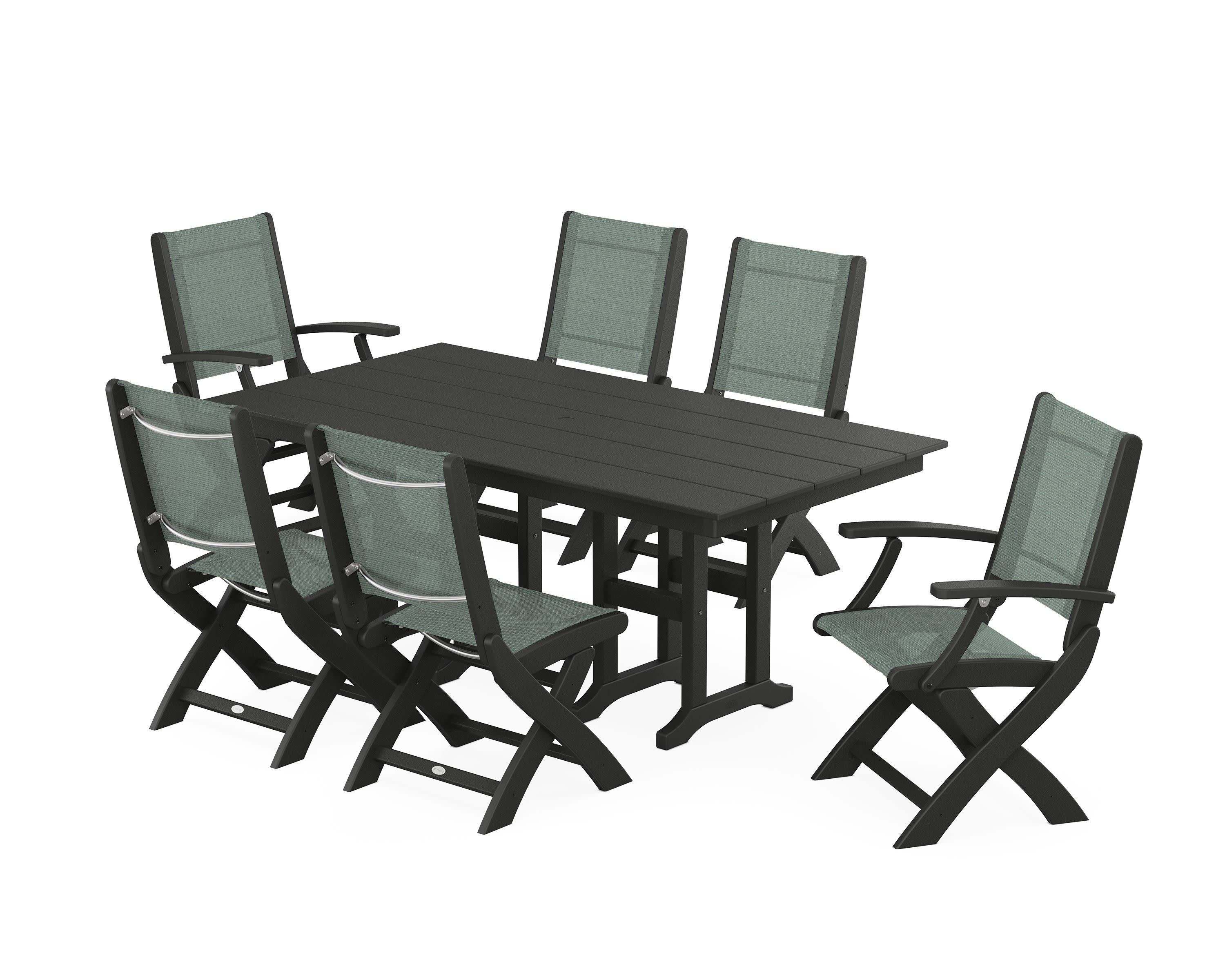Coastal Folding Chair 7-Piece Farmhouse Dining Set in Black / Dupioni Sea Mist Sling