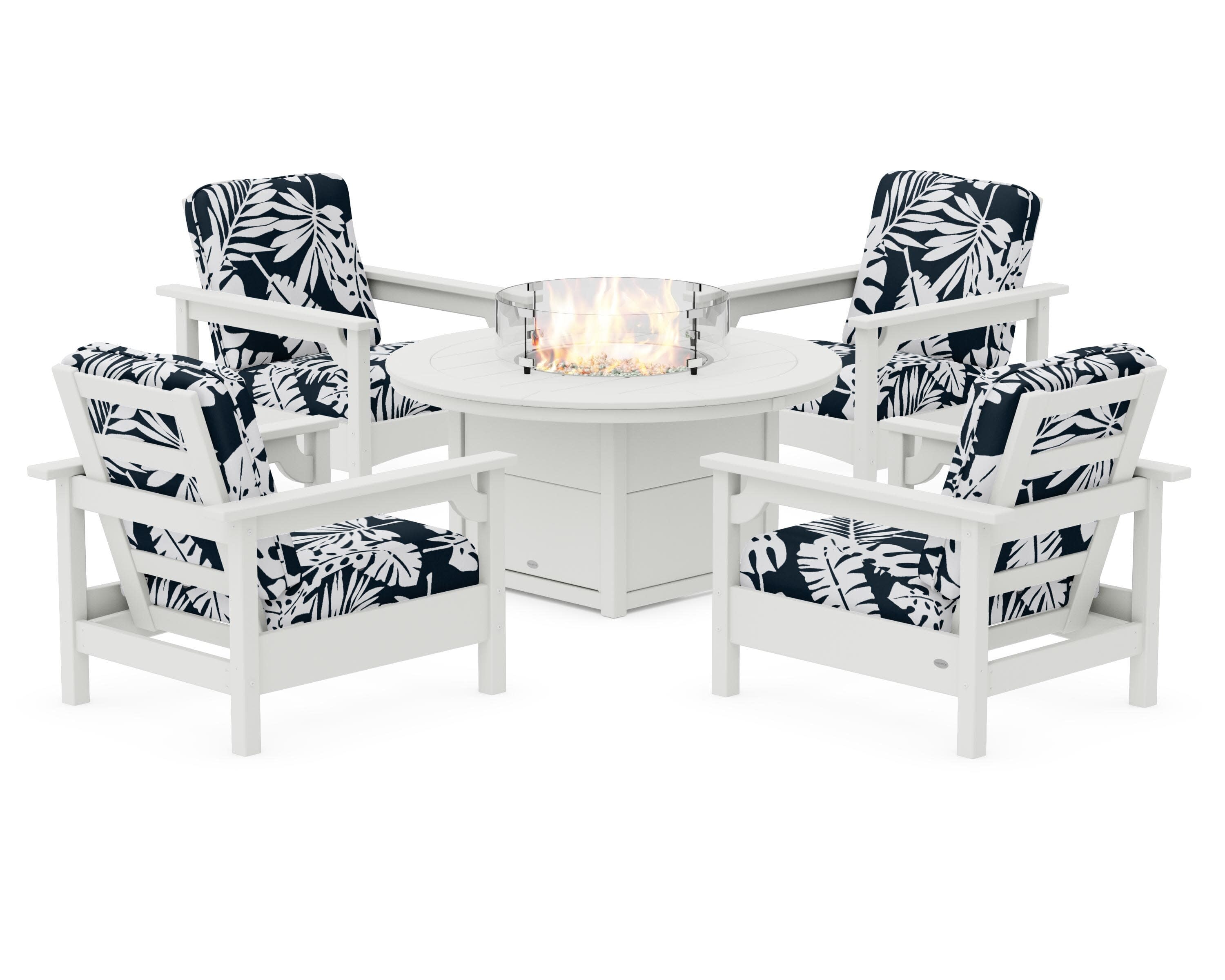 Club 5-Piece Conversation Set with Fire Pit Table in Vintage White / Leaf Marine Indigo