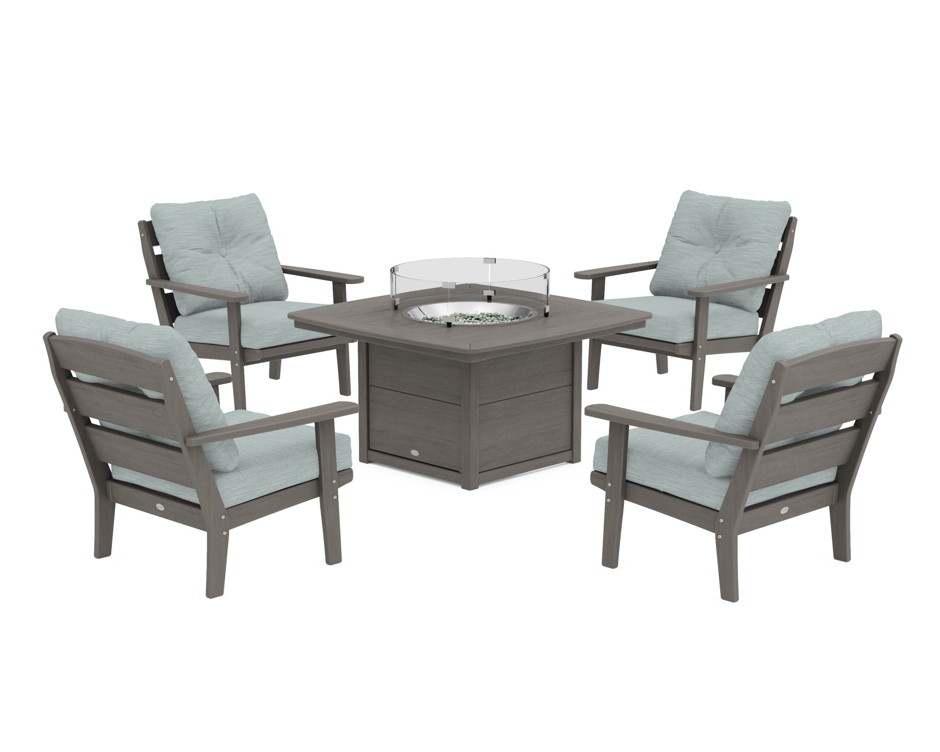 Lakeside 5-Piece Deep Seating Set with Nautical Fire Pit Table in Driftwood / Soothe Mist