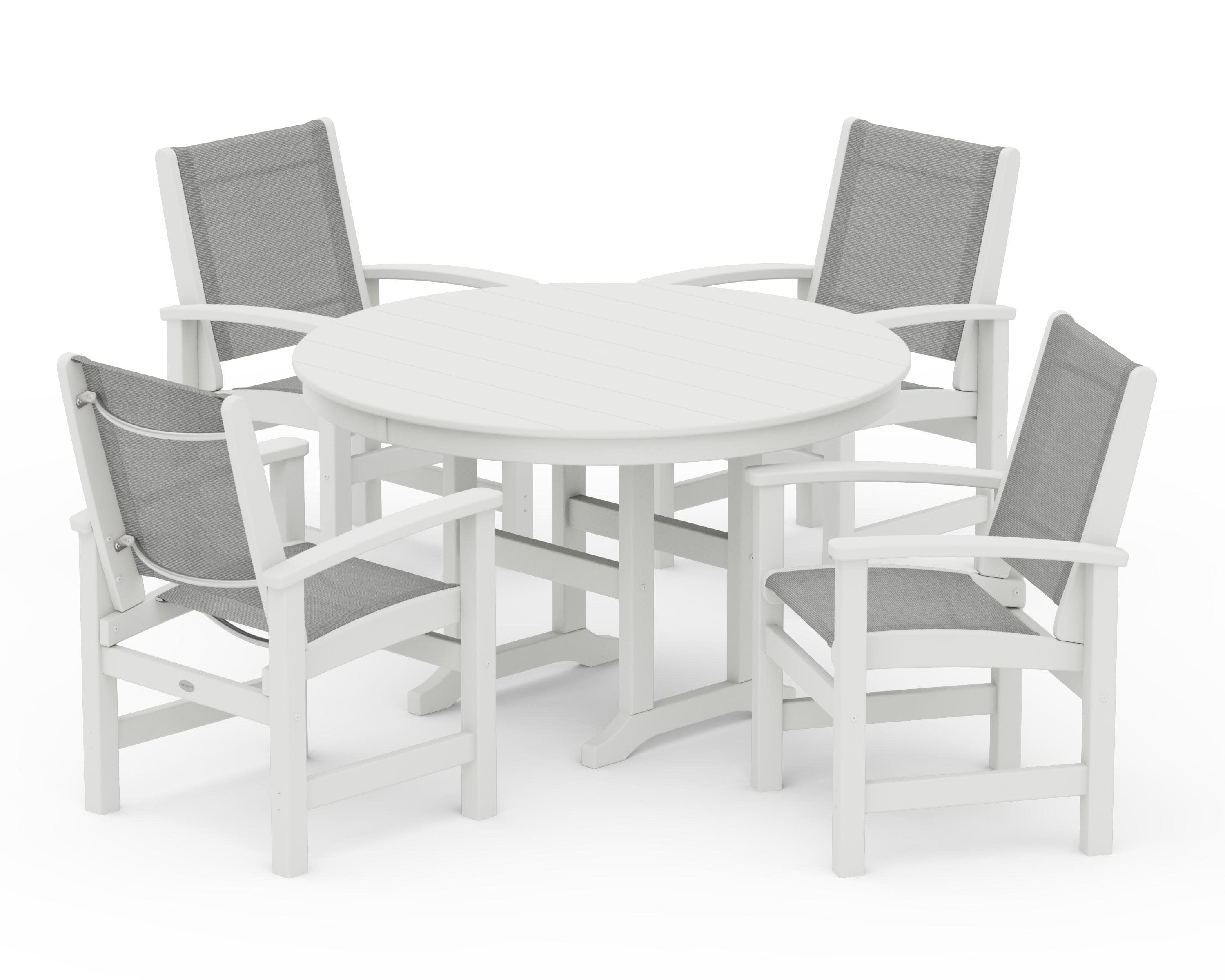 Coastal 5-Piece Round Farmhouse Dining Set in Vintage White / Metallic Sling