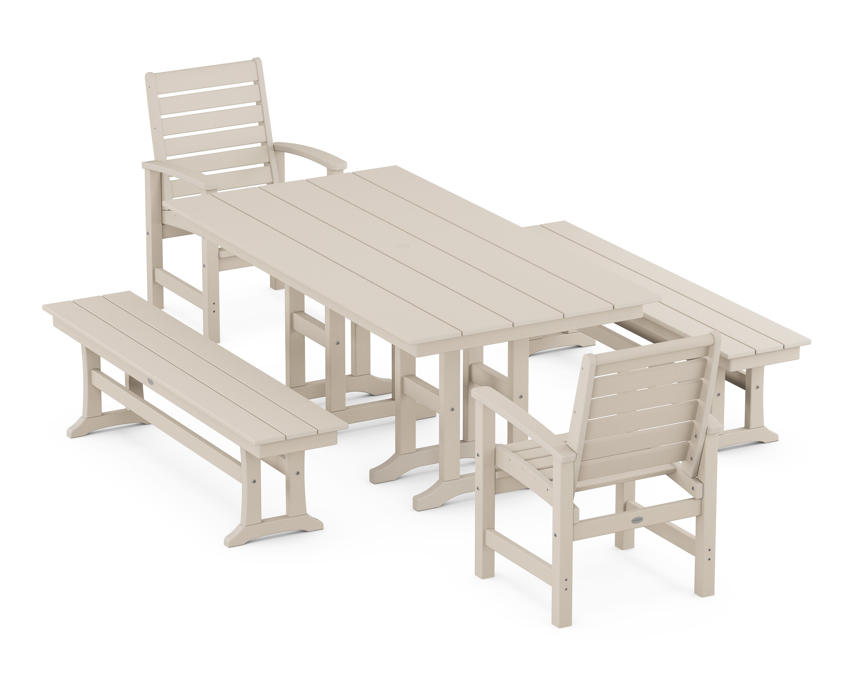 Signature 5-Piece Farmhouse Dining Set with Benches in Sand
